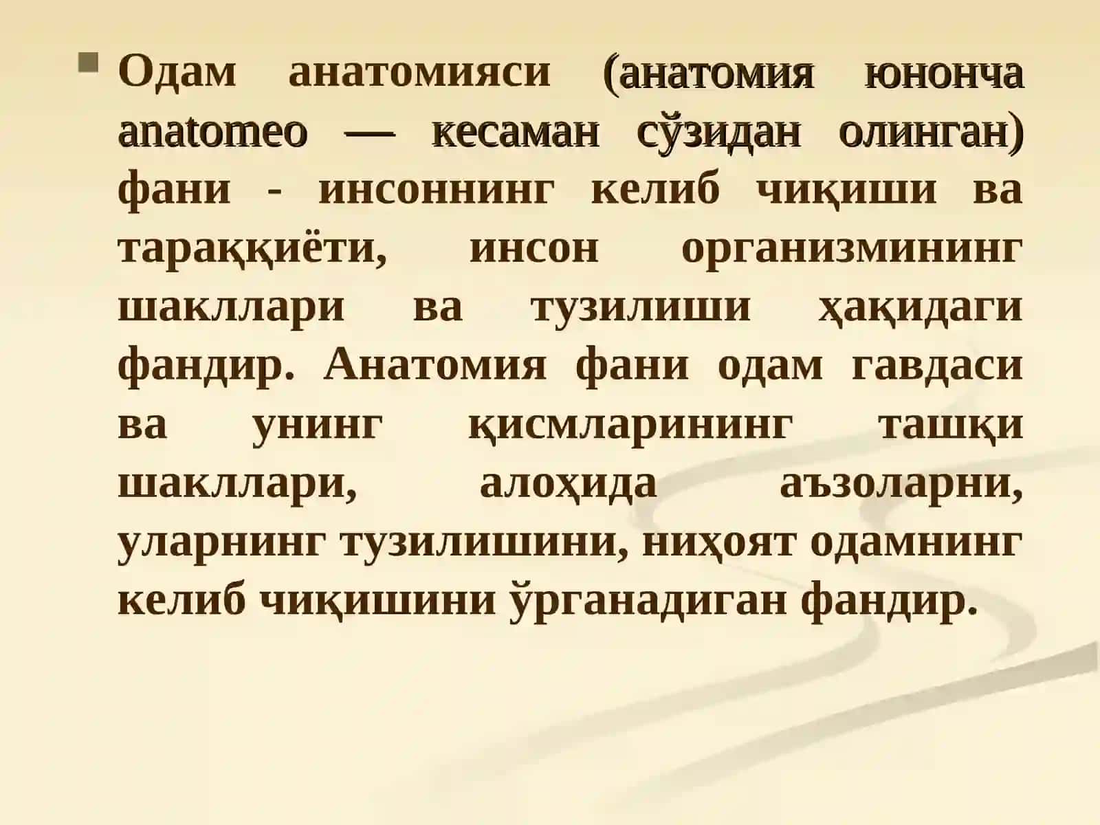 Маъруза №1.Анатомия фанига кириш. Умумий остеология. Скелет ҳақида умумий тушунча. Сатхлар ҳақида тушунча. Анатомик терминология. Суякларнинг тузилиши ва таснифи. Бўйин, кўкрак, бел ва думғаза умуртқалари 4