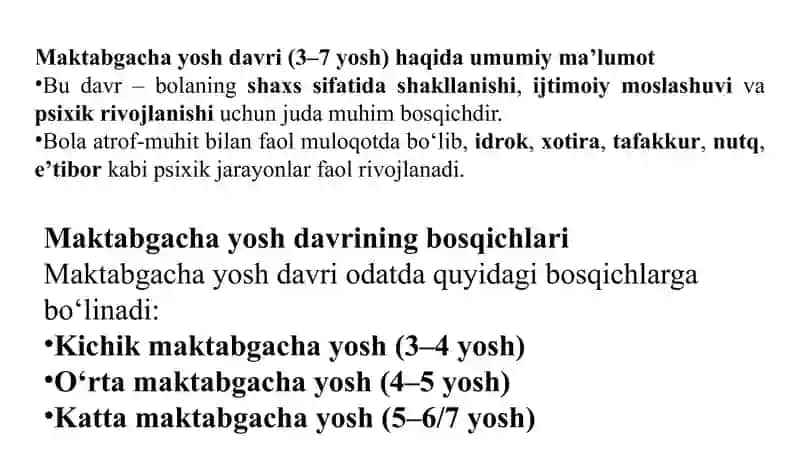 maktabgacha yosh davrda psixik rivojlanish xususiyatlari 4