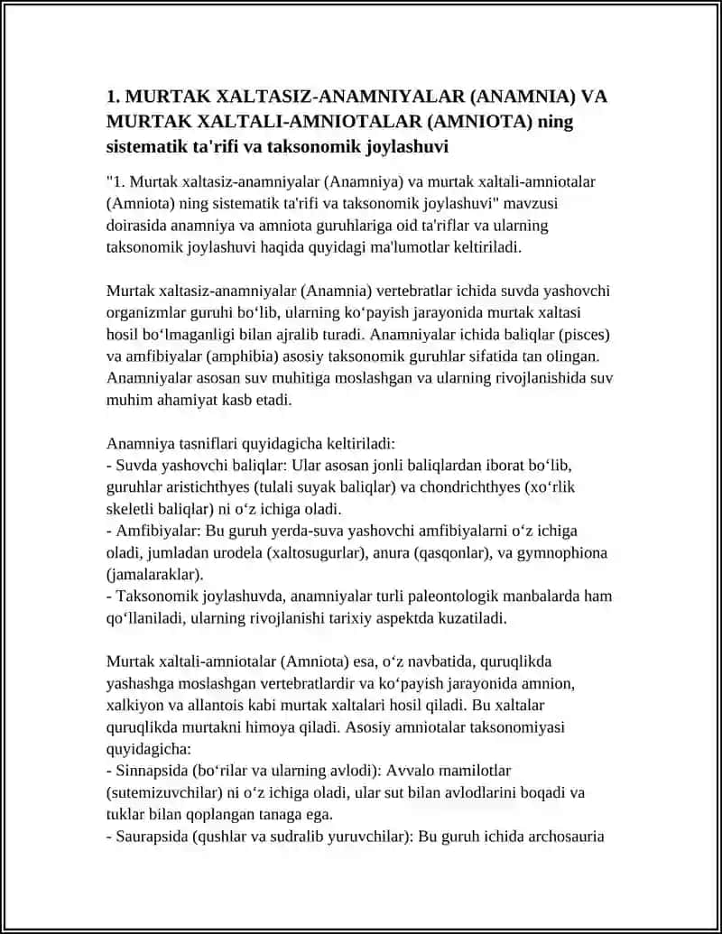 MURTAK XALTASIZ-ANAMNIYALAR (ANAMNIA) VAMURTAK XALTALI-AMNIOTALAR (AMNIOTA) GURUHLARGA KIRUVCHI UMURTQALILARGA XOS XUSUSIYATLARINI TAHLIL QILISH VA TAHLILIY MA'LUMOTNOM 4