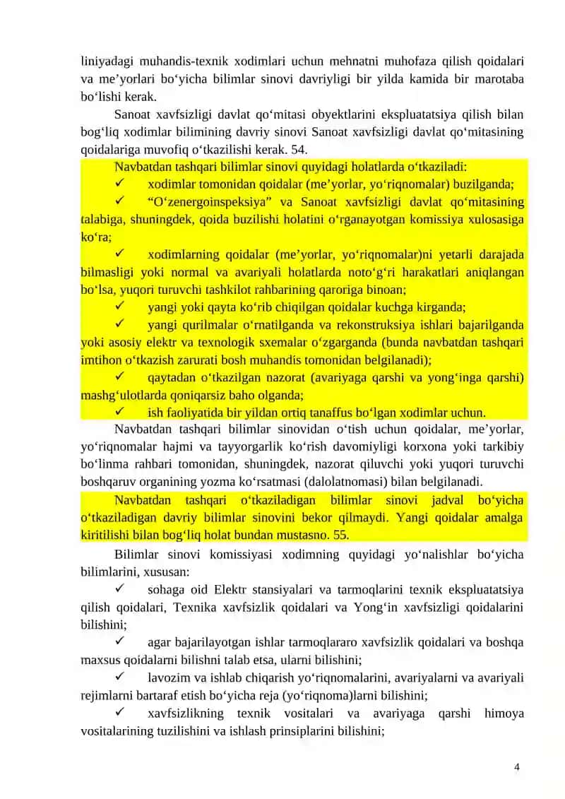 Xodimlarni bilim sinovidan oʻtkazish tartibi va ularga mustaqil ishlashga ruxsat berish 4