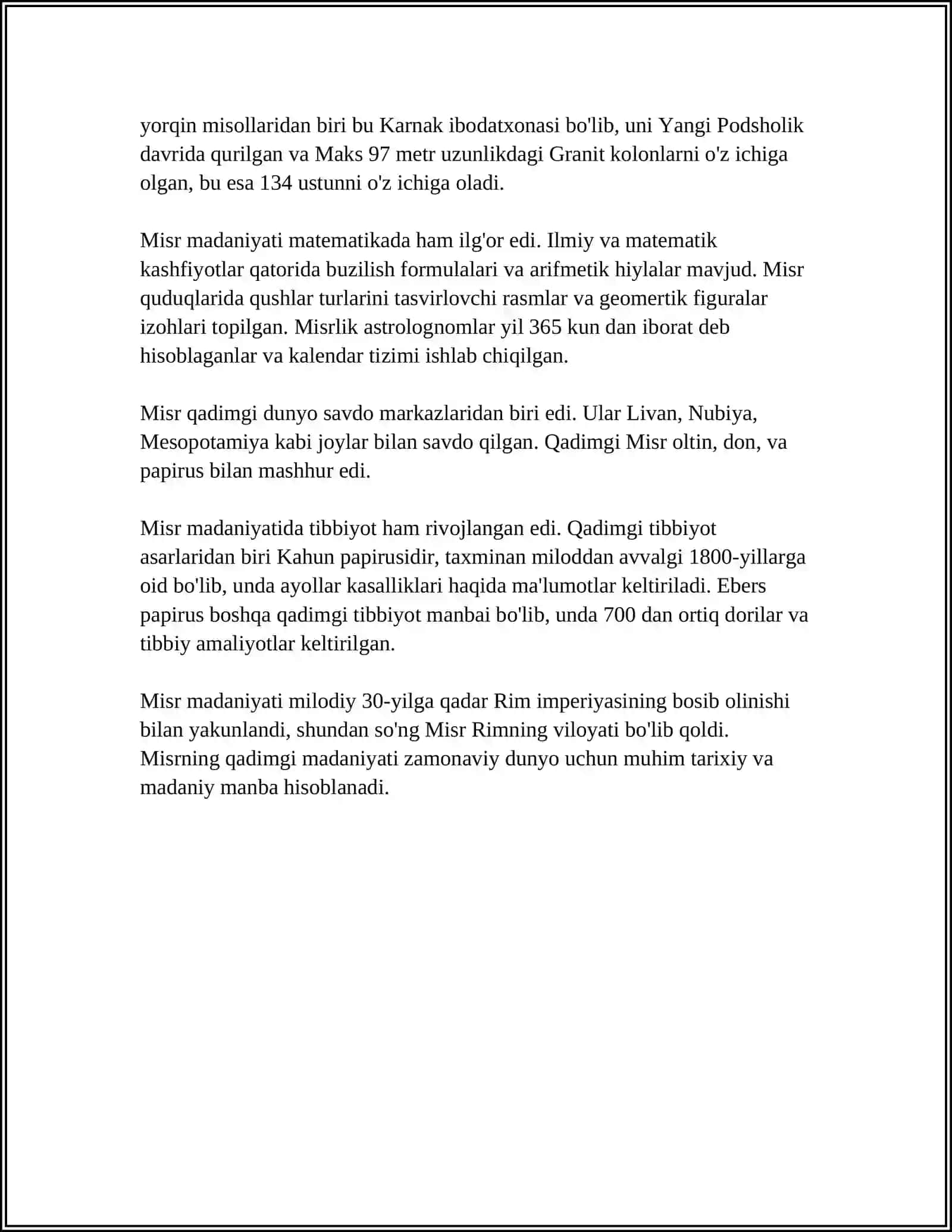 MISR MADANIYATI MAVZUSIDA MUSTAQIL ISH MANBA VA ATAMALARDAN FOYDALANILGAN BOʻLSN KENG YORITILGAN BOʻLSN SHU MAVZUGA OID ADABIYOTLARDAN FOYDALANILGAN BOʻLSIN ILTIMOS 4