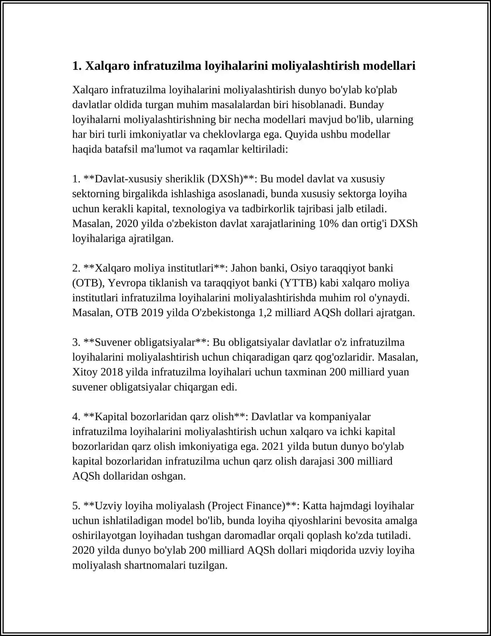 Xalqaro infratuzilma loyihalarini moliyalashtirish modellari 4