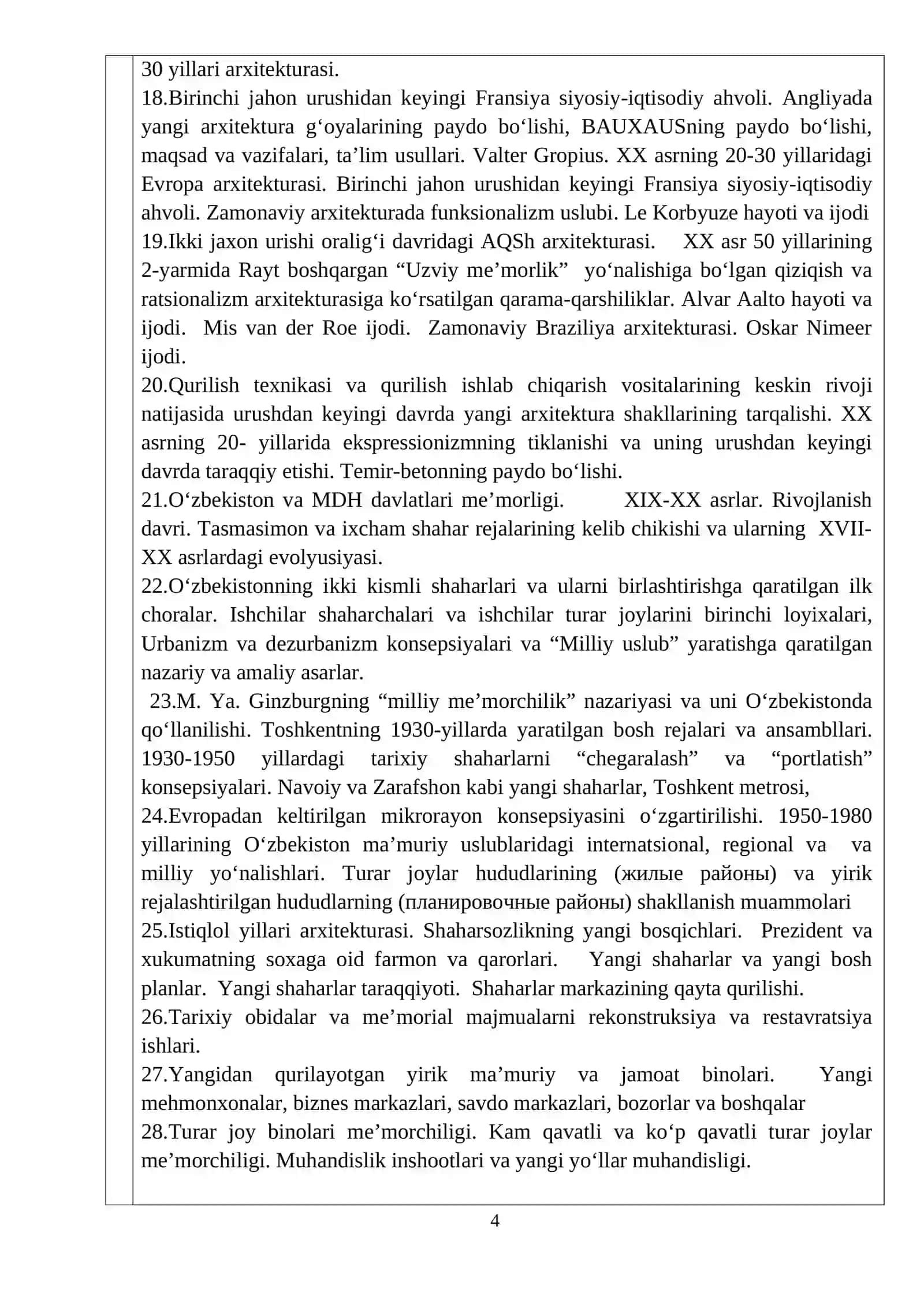 “ARXITEKTURA VA QURILISH TARIXI” FANINING O‘QUV DASTURI 4