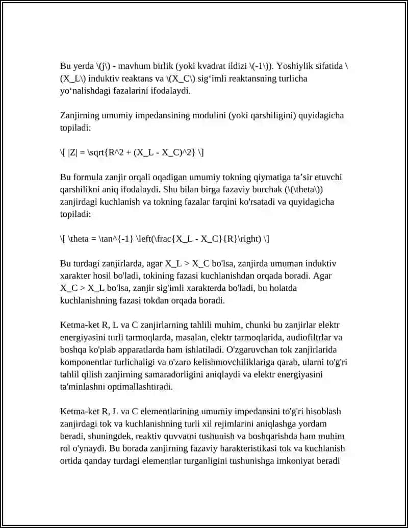 Ketma-ket ulanadigan R, L va C elementlarining umumiy impedansi va hisoblash formulasi 4