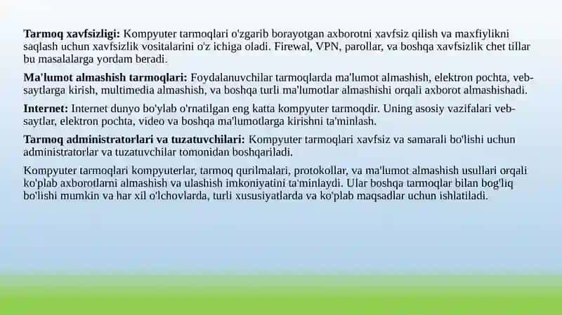 Tarmoqni loyihalashda qo‘llanilayotgan zamonaviy dasturlar, tarmoqlarning asosiy qurilmalari va kompyuterning tashkiliy qismlari. 4