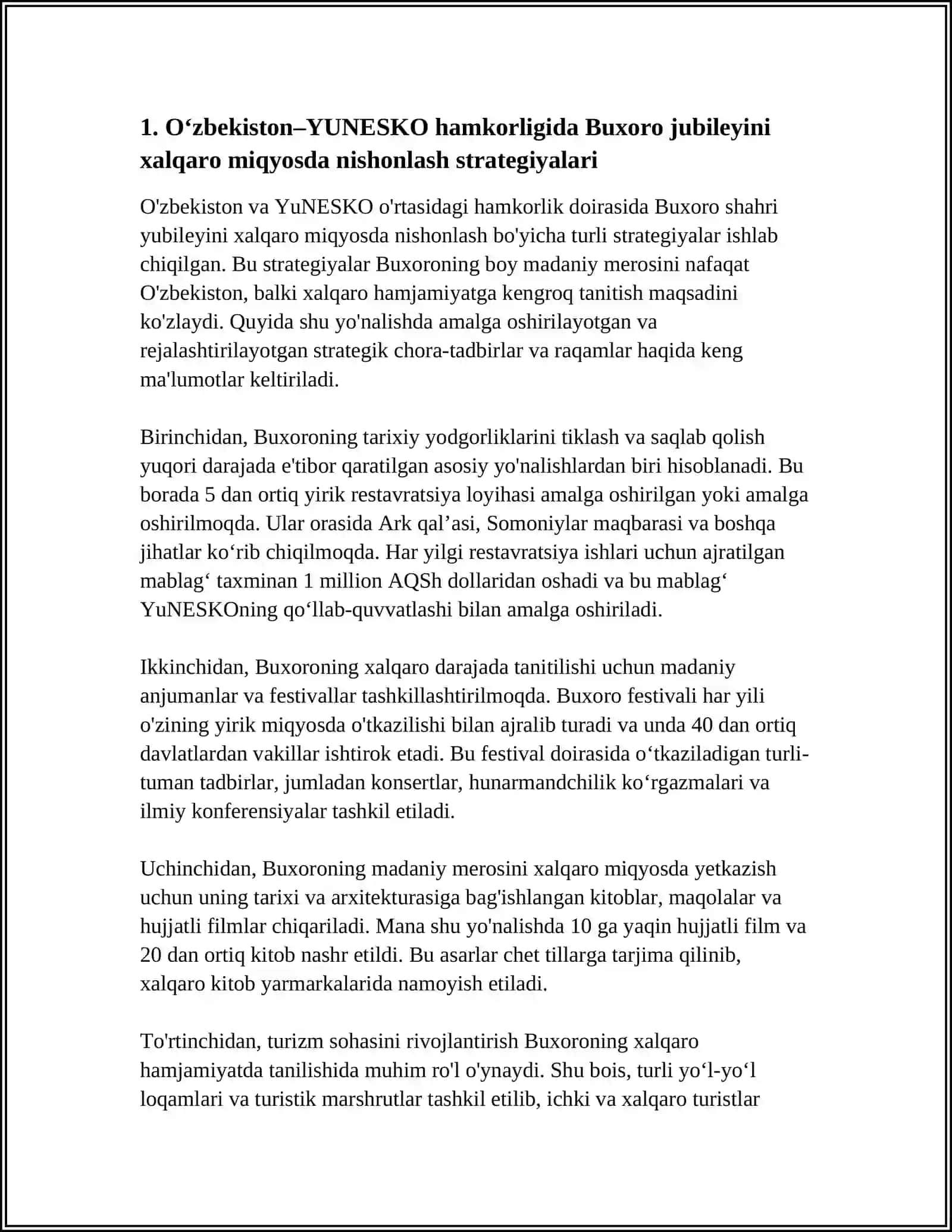 OZBEKISTON VA YUNESKO MUNOSABATLARI TARIXIY SHAHARLAR (BUXORO, SAMARQAND, MARGILON, QARSHI, TOSHKENT. XIVA SHAHRISABZ) YUBILEYLARINING XALQARO MIQYOSDA KENG NISHONLANISHI 4