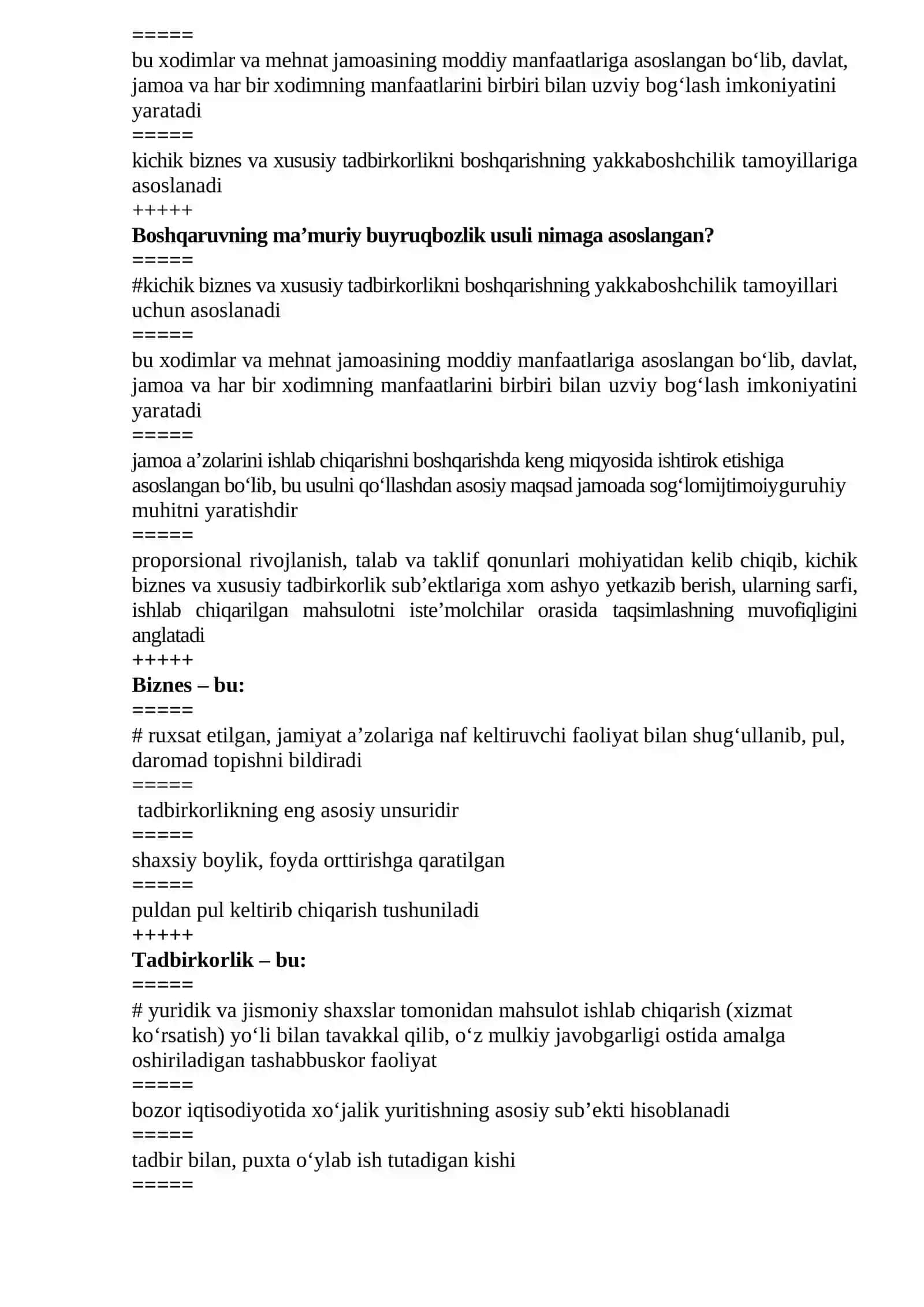 Kichik biznes va tadbirkorlik fanidan yakuniy nazorat TEST savollari 4