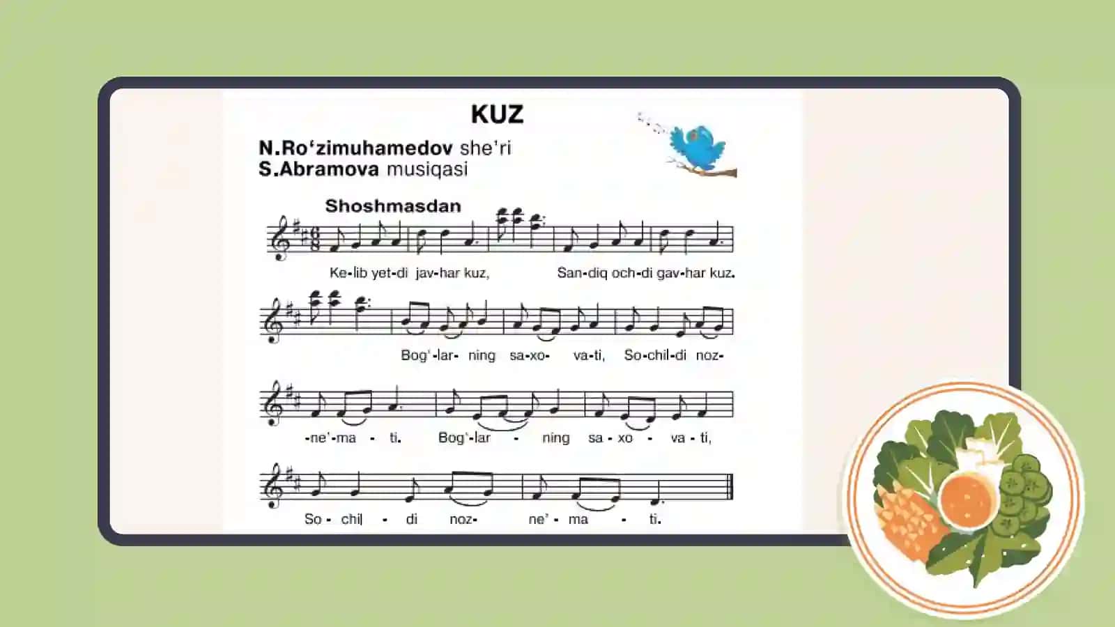 MTT kichik guruhi tarbiyalanuvchilari uchun oktyabr oyining ikkinchi haftasi "sabzavot va mevalar" mavzusi bilan bogʻliq qoʻshiqlarni toʻplash 4