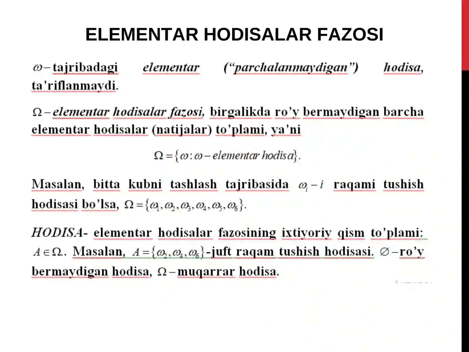 KOMBINATORIKA ELEMENTLARI. HODISALAR ALGEBRASI. EHTIMOLLIKNING KLASSIK, STATISTIK TA’RIFLARI. GEOMETRIK EHTIMOLLIK. EHTIMOLLIK XOSSALARI 4