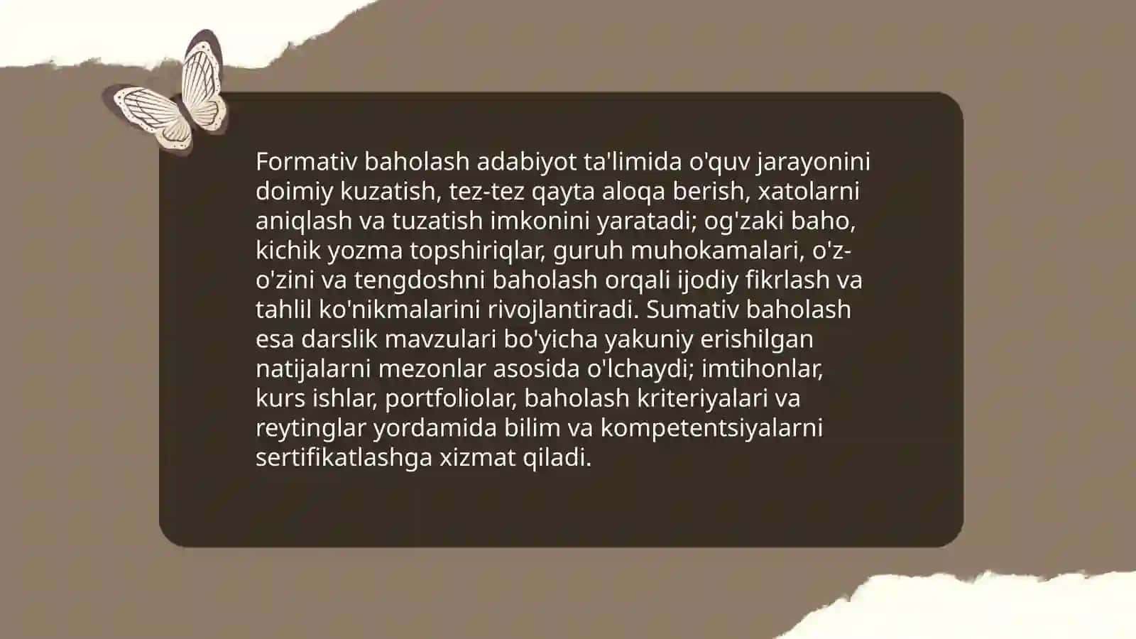 Adabiyot darslarida õquvchilarning bilimlarini baholash.Adabiyot õquv fanidan beriladigan uy vazifalari.Adiblar tarjimai holining berilishiga xos xususiyatlari.Adabiy ta'limda mustaqil fikrlashning ahamiyati.Mumtoz adabiyot namunalarini õrganish meto 4