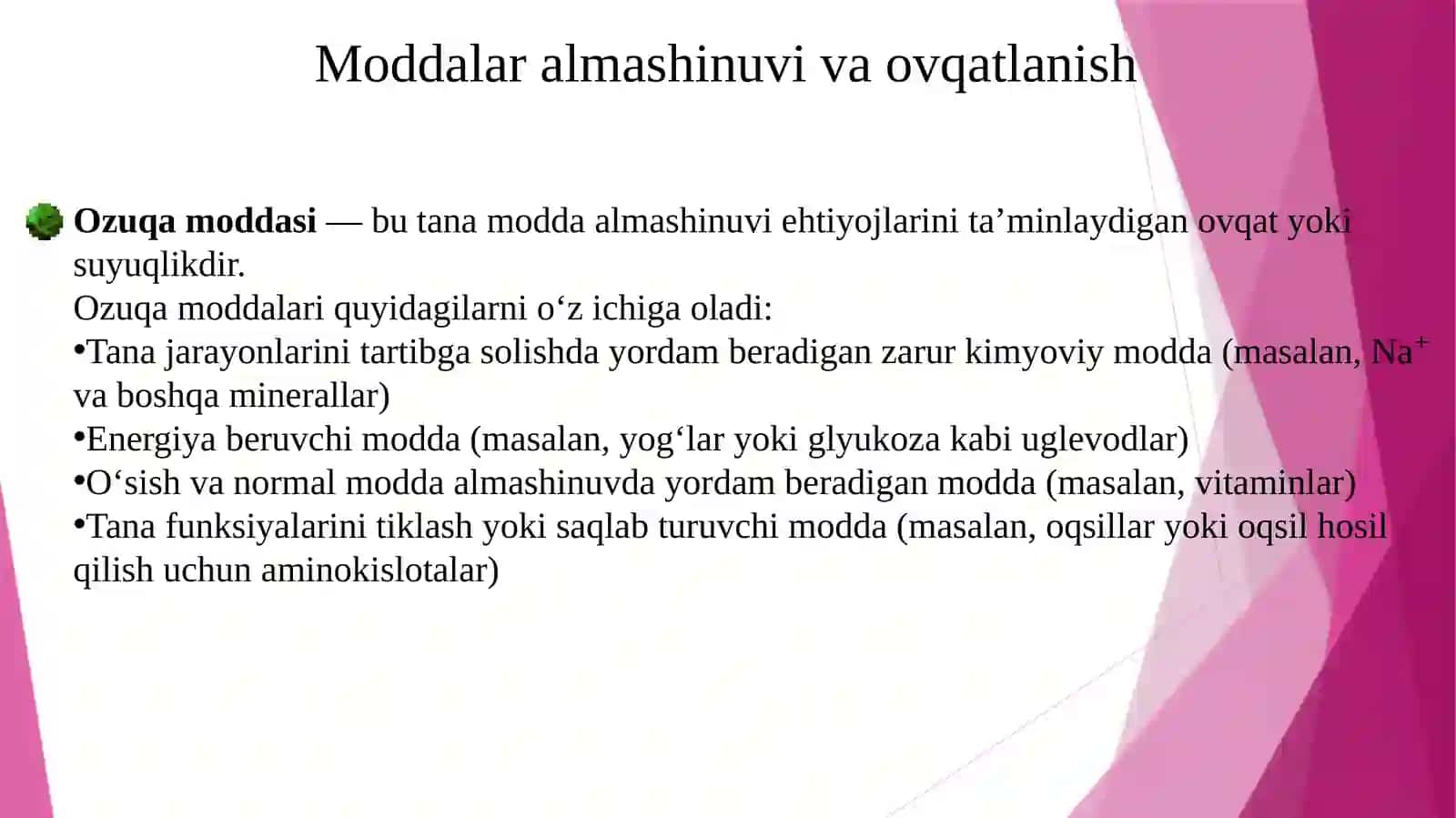 Moddalar almashinuviga kirish. Ovqatlanish biokimyosi 4