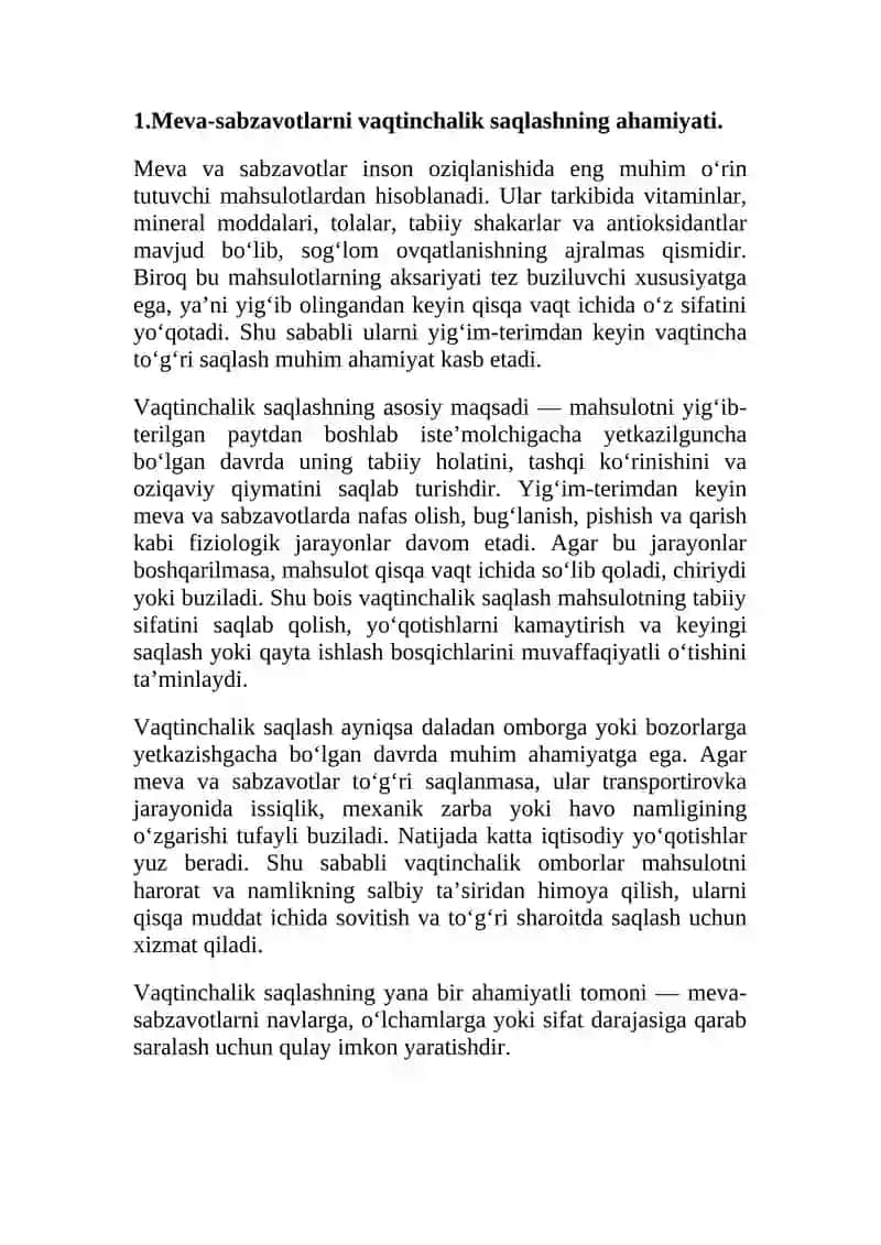 Meva-sabzavotlarni vaqtinchalik omborlarda saqlash usullari va  yaxshilash choralari. 4