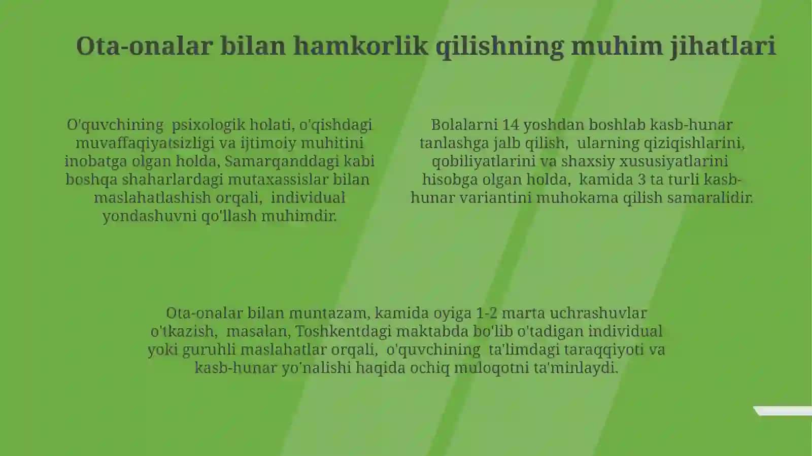 Kasb hunarga yo'naltirish bòyicha òquvchilar va ota onalar bilan ishlash 4