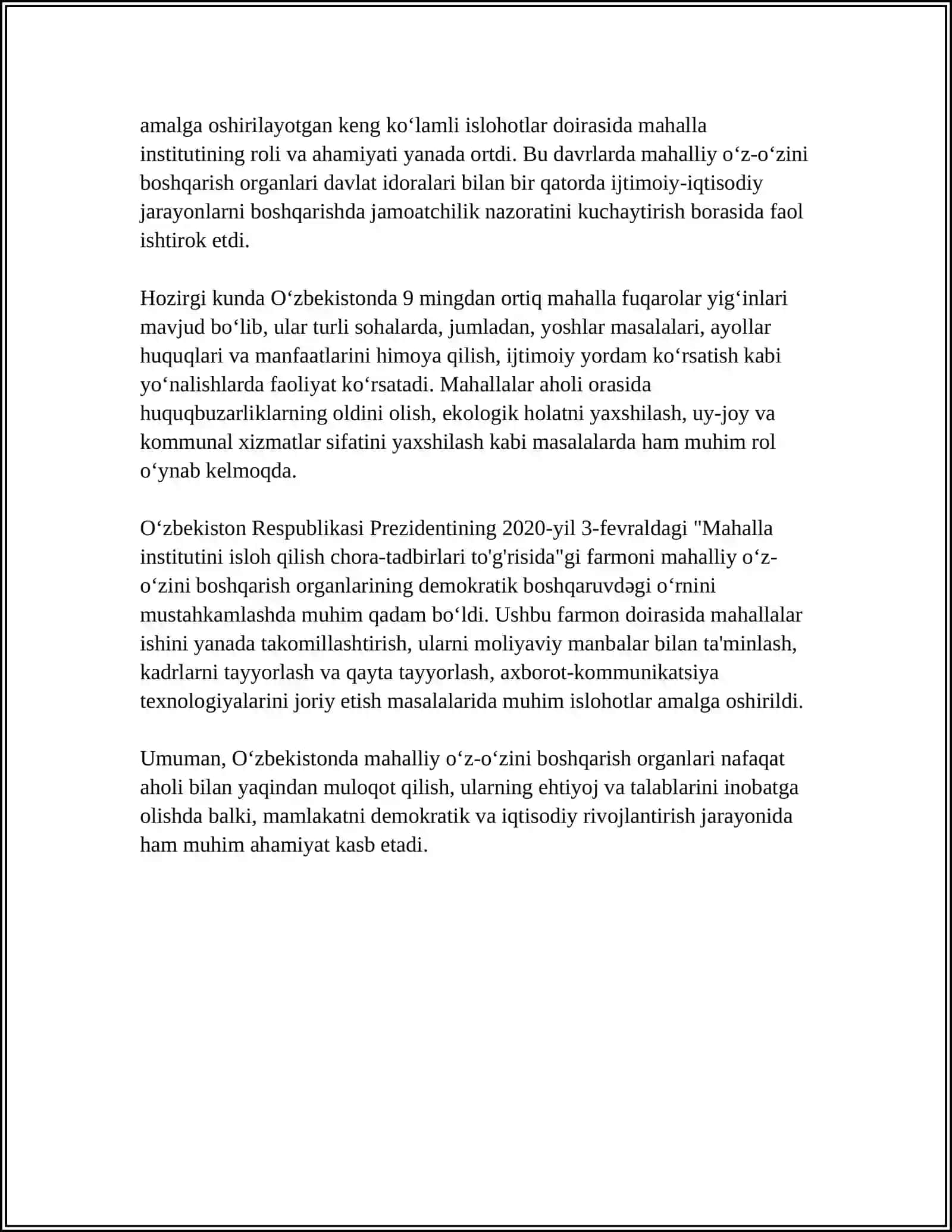 Oʻzbekistonda mahalliy oʻz-oʻzini boshqarish organlarining tarixiy rivojlanishi va demokratizatsiyadagi roli 4
