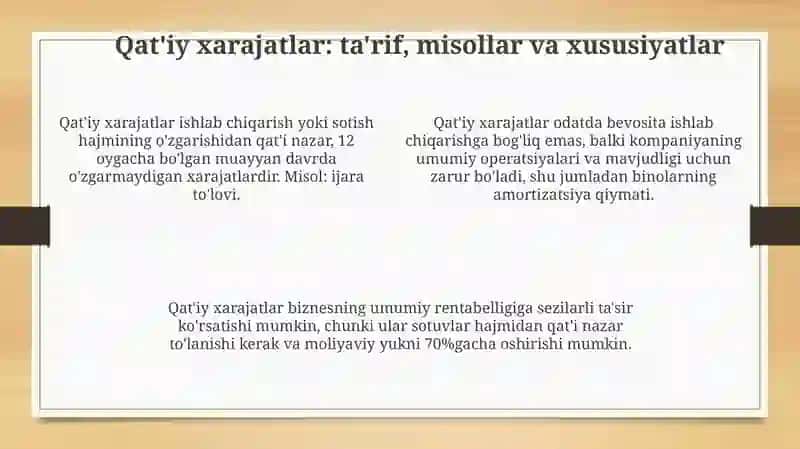 Xarajatlarni doimiy va o'zgaruvchan xarajatlar bo'yicha turkimlash 4
