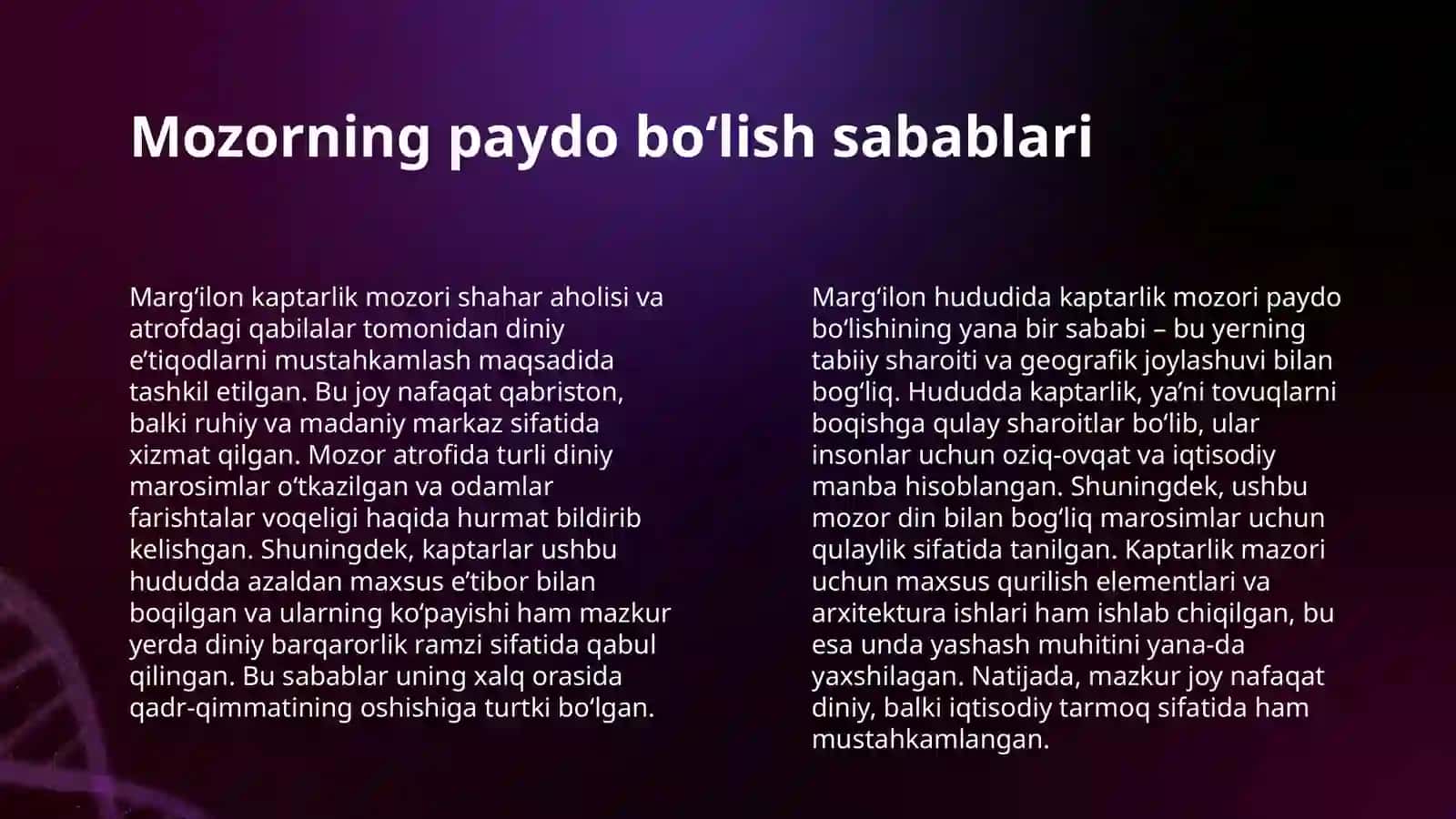 MEN YASHAYDIGAN JOYDA MUHTASHAM QADAMJO. "MARG‘ILON KAPTARLIK MOZORI" 4