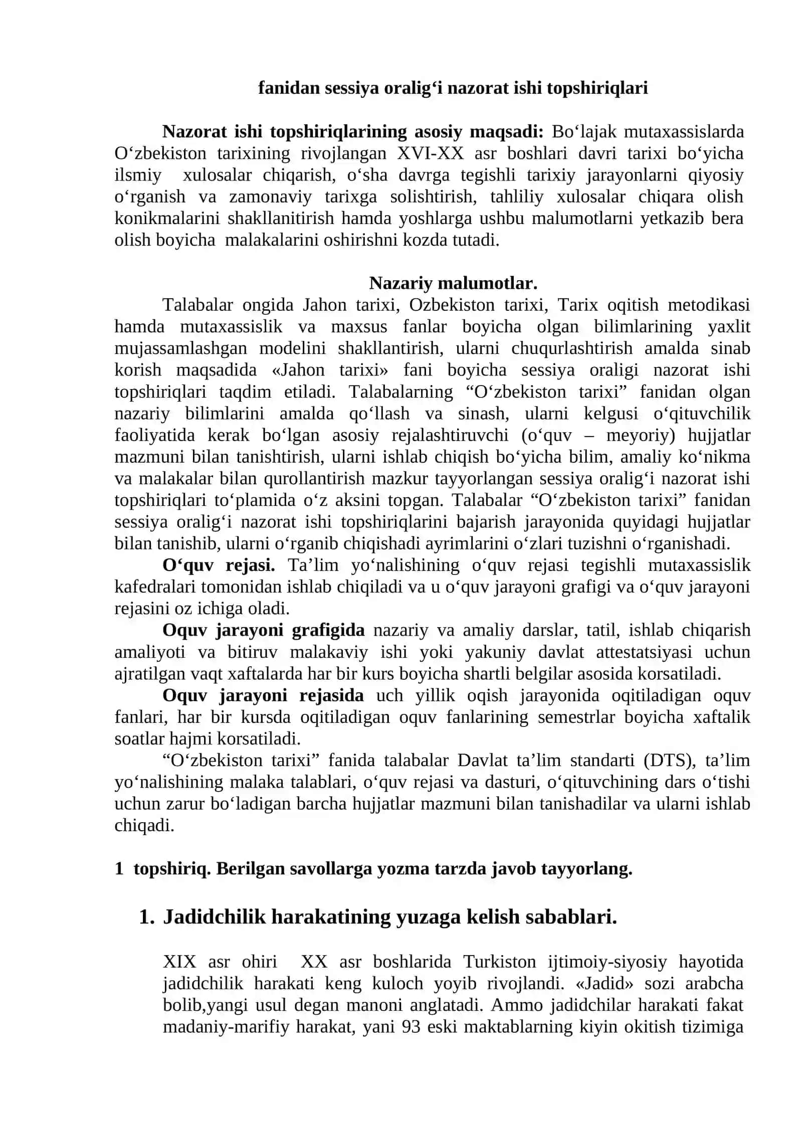 “О‘ZBEKISTON TARIXI” fanidan Sirtqi (maxsus sirtqi )bo‘lim talabalari uchun sessiya oralig‘i nazorat ishlari TO‘PLAMI 4