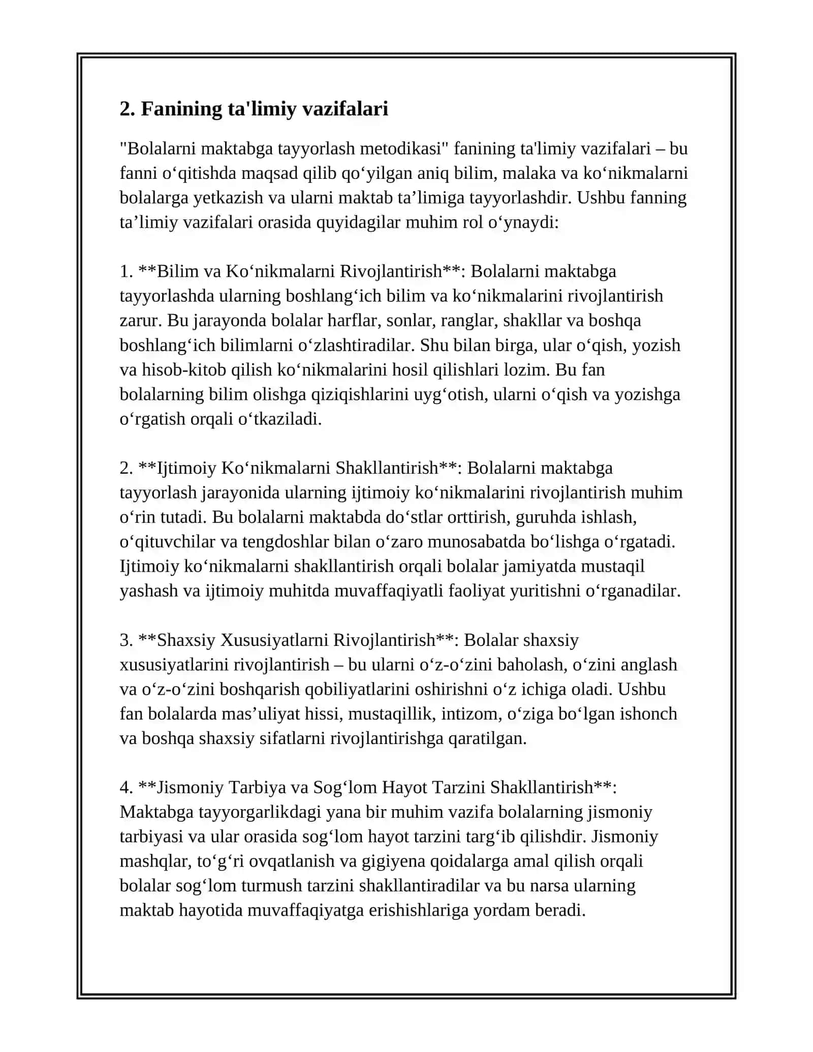 BOLALARNI MAKTABGA TAYYORLASH METODIKASI" FANINING MAQSAT VA VAZIFALARI 4