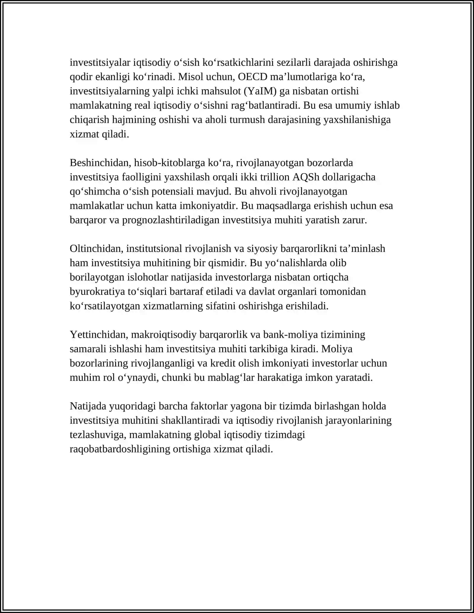 INVESTITSIYA FAOLIYATINI RIVOJLANTIRISHDA INVESTITSIYA MUHITINING O’RNI 4