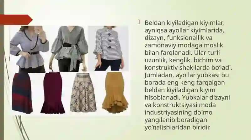 Taqdimot Beldan kiyiladigan kiyimlar. Ayollar bo'lakli yubkasini konstruksiyasini kompyuter dasturi orqali qurish. Ayollar to'g'ri bichimli yubkasini konstruksiyasini kompyuter dasturi orqali qurish. 4