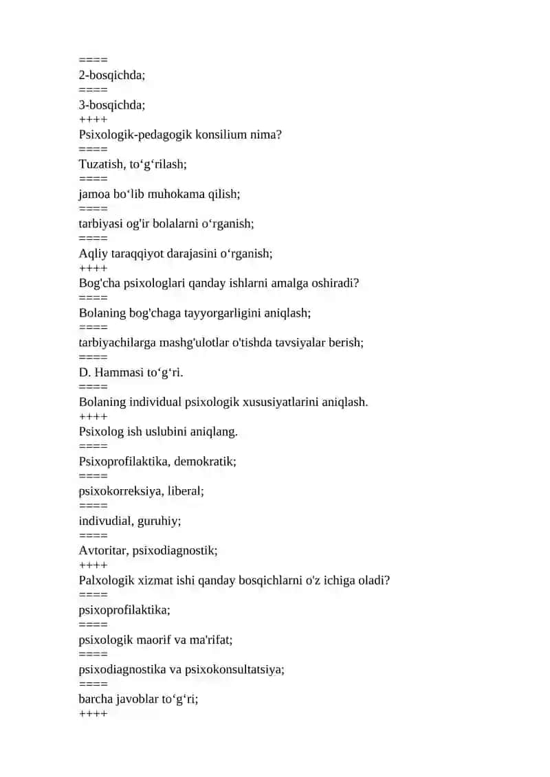 Ta’lim muassasalarida psixologik xizmat fanidan test savollari: 3-4kurslar uchun 4