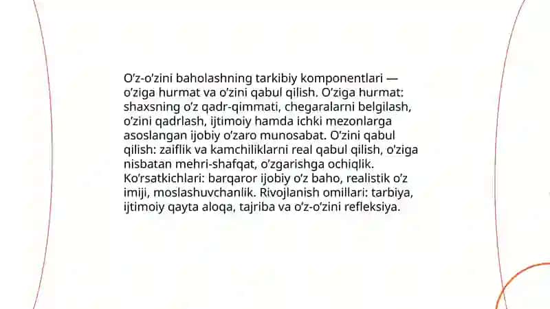 Shaxsda o’z o’zini baholash va o’ziga ishonch darajasini psixalogik ta’limi 4