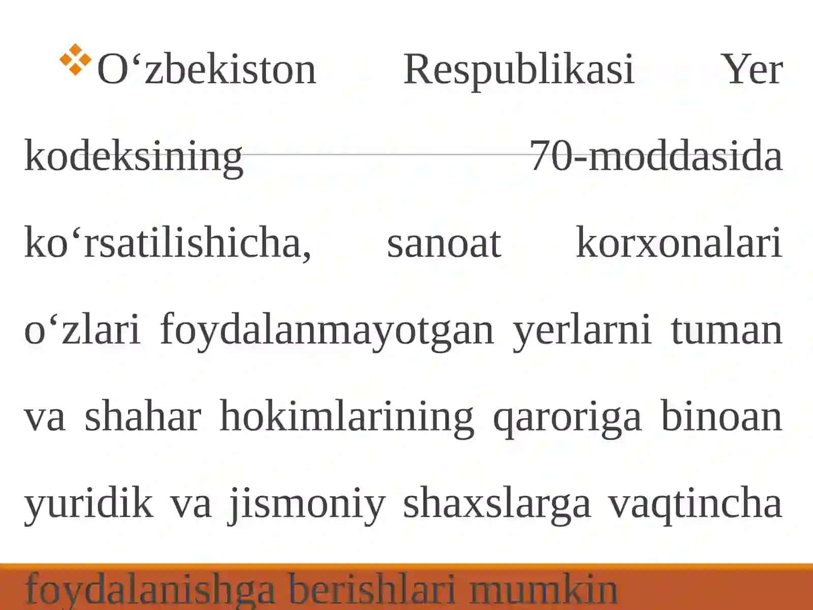 SANOAT, TRANSPORT, ALOQA, MUDOFAA VA BOSHQA MAQSADLARGA MO‘LJALLANGAN YERLAR TO’G’RISIDA TUSHUNCHA VA HUQUQIY HOLATINING UMUMIY XUSUSIYATLARI 4
