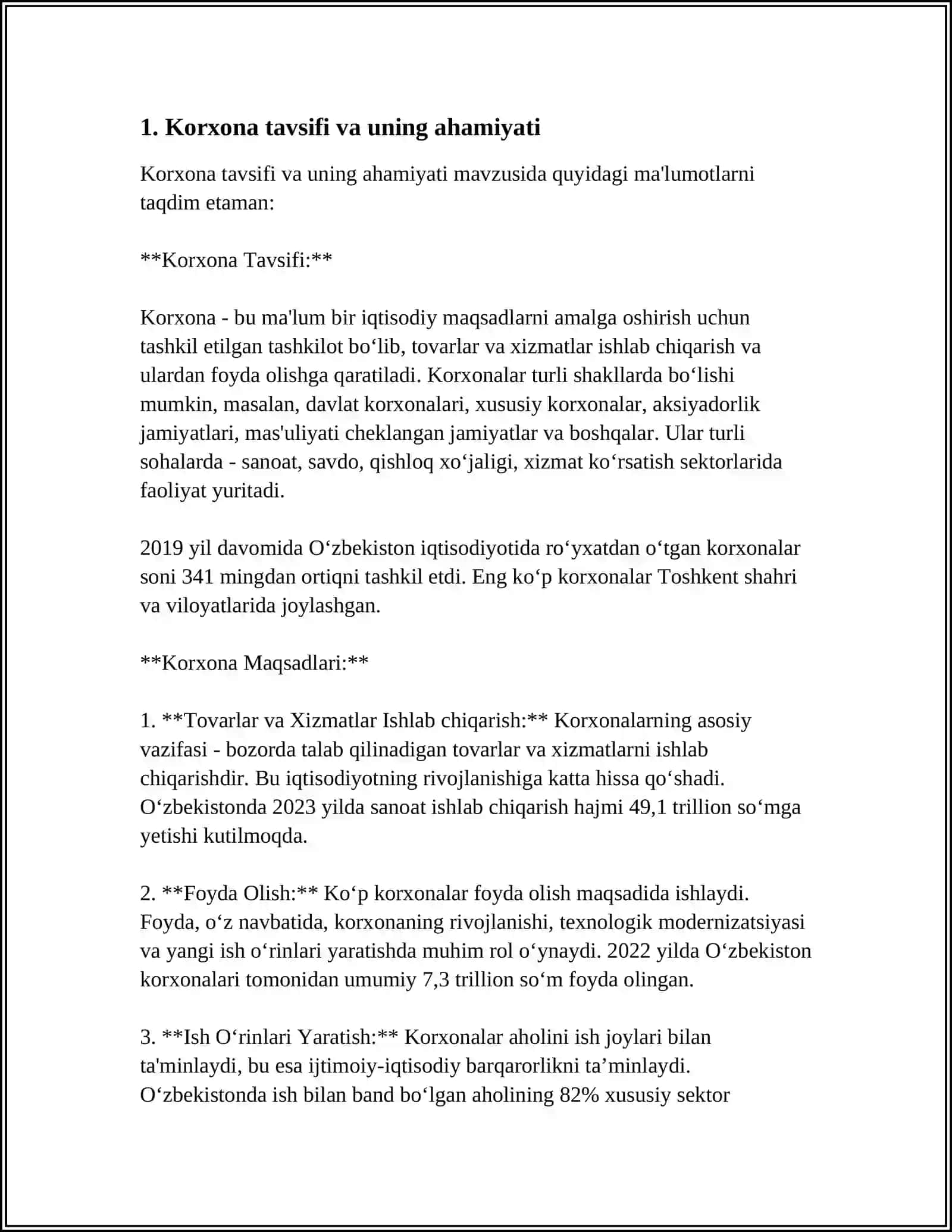 Korxona Tavsifi va Uni Baholash 4