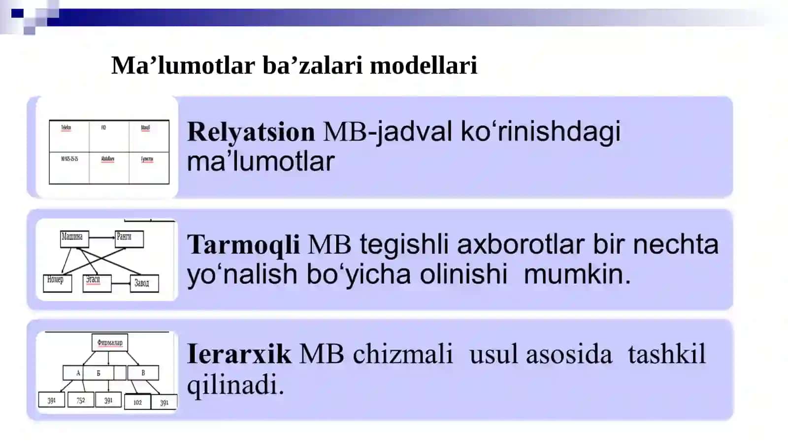MA’LUMOTLAR BA’ZALARI VA BIG DATA BILAN ISHLASH TEXNOLOGIYALARI 4