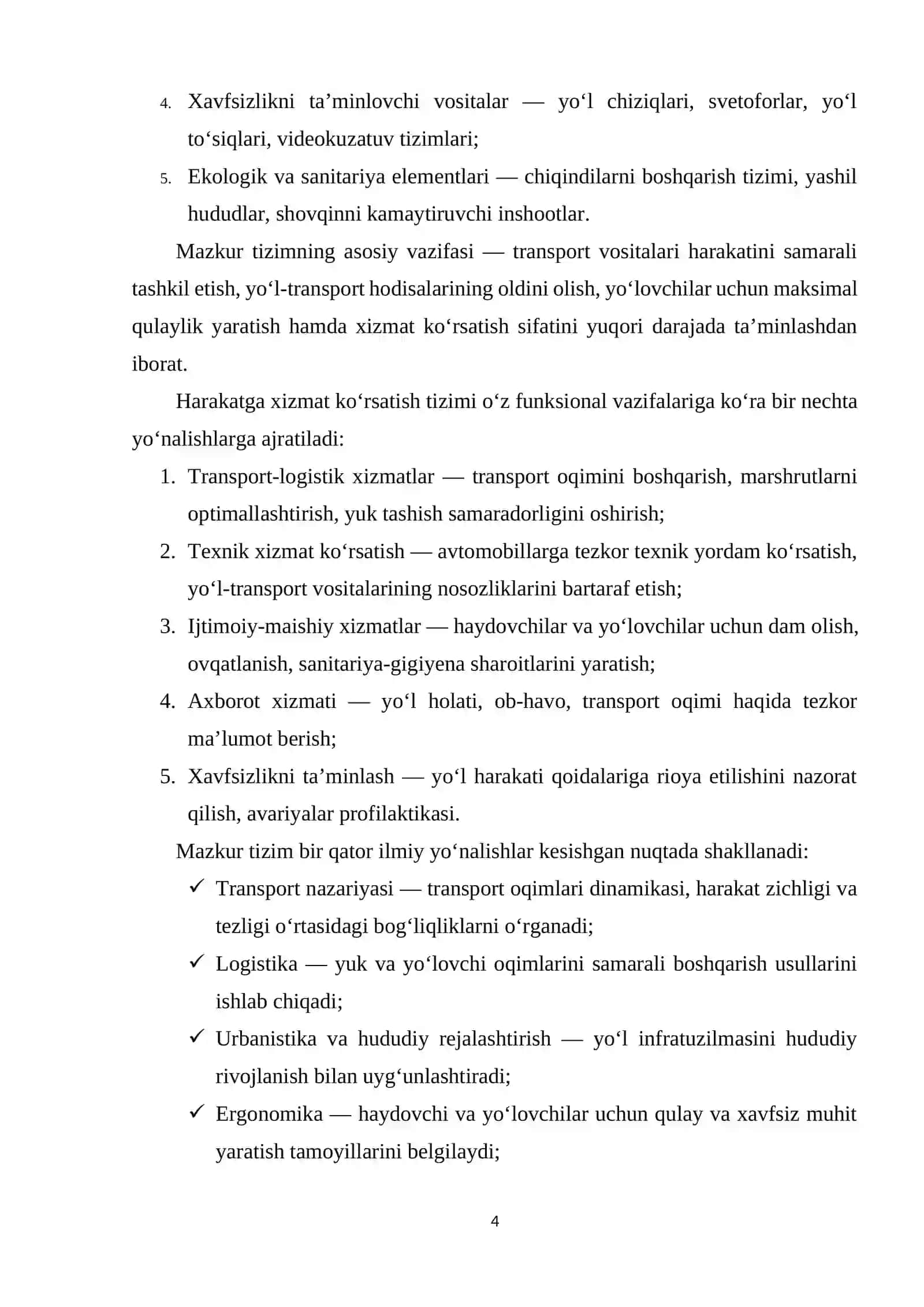 Avtomobil yo'llaridagi harakatga xizmat korsatish va arxitektura manzarali obodonlashtirish darajasini baholash 4