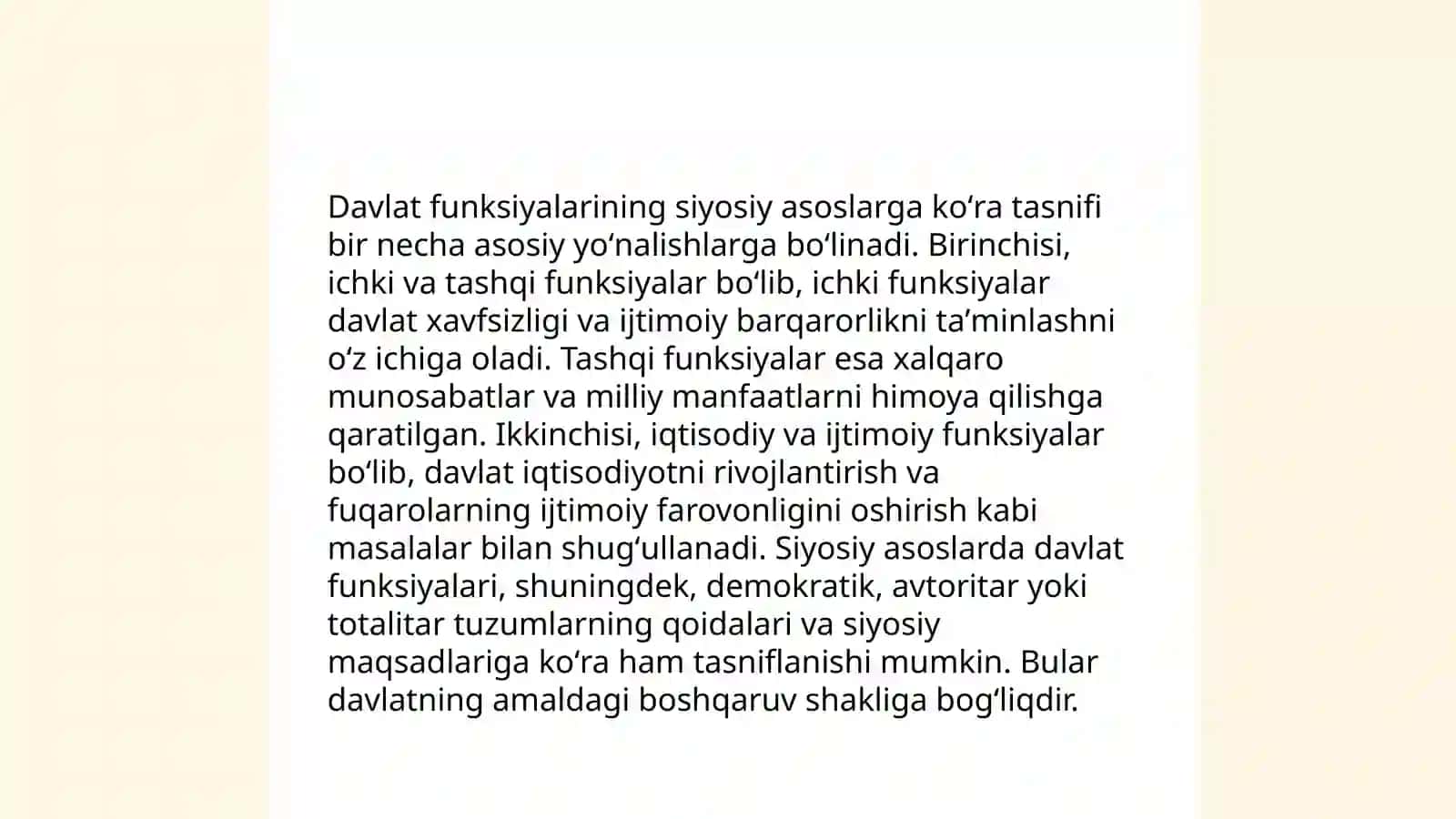 Davlat funksiyalarini turli asoslarga koʻra tasniflash 4