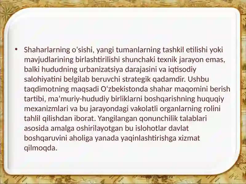 Shahar maqomi berish tartibi, ma’muriy hududiy birliklarni tashkil etish va tugatish 4