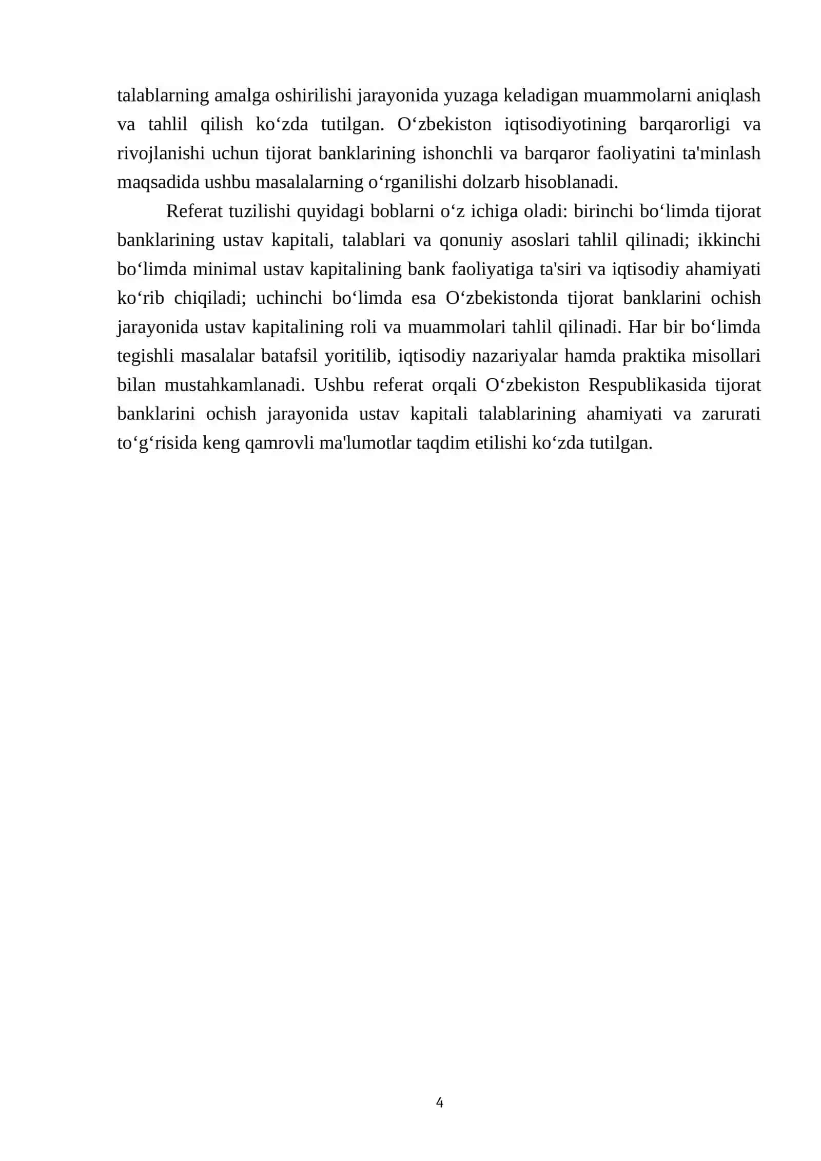 O‘zbekiston Respublikasida tijorat banklarini ochish uchun ustav kapitalining minimal miqdori talablari zarurati, ahamiyati 4