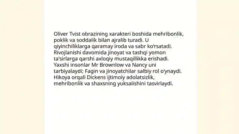 "Oliver Tvistning sarguzashtlari" romanining asosiy mavzusi va g'oyasi 4