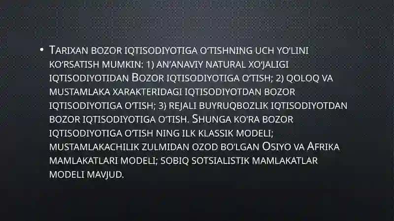 Oʻzbekistonning bozor iqtisodiyotiga oʻtish xususiyatlari 4
