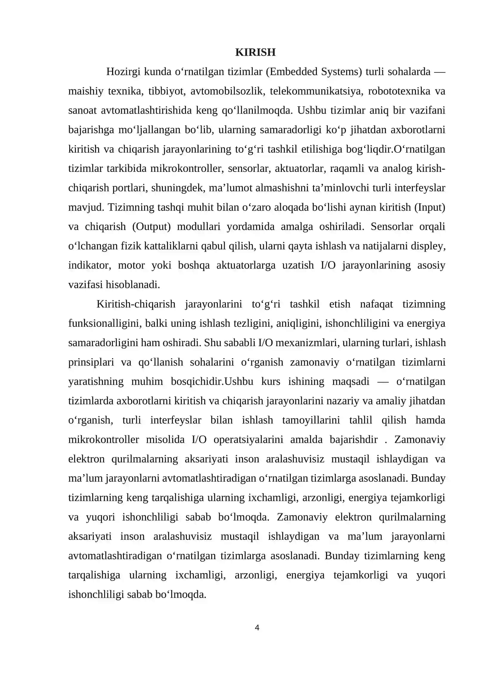 O‘RNATILGAN TIZIMLARDA AXBOROTLARNI KIRITISH-CHIQARISH USULLAR KURS ISHI ISHIGA HISOBOT YOZUVI 4