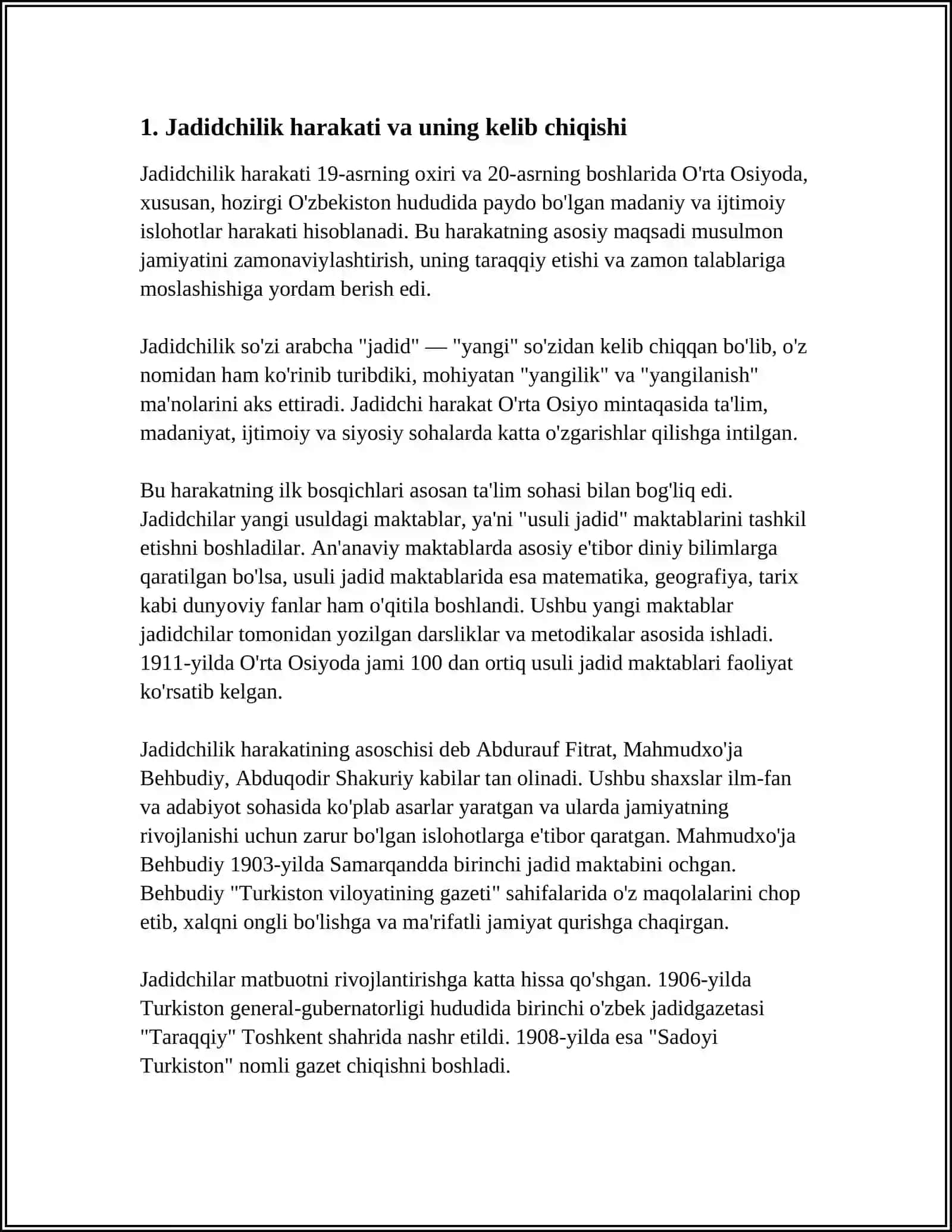 JADID MAʼRIFATPARVARLARINING OʼLKA IJTIMOIY-MAʼNAVIY HAYOTIDA TUTGAN ORNI (MUNAVVAR QORI, FITRAT, BEHBUDIY AVLONIY VA BOSHQALAR 4