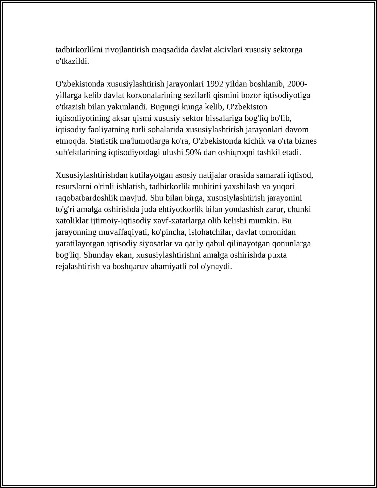 O’ZBEKISTONDA XUSUSIYLASHTIRISH JARAYONLARINING BOSQICH VA VAZIFALARI 4