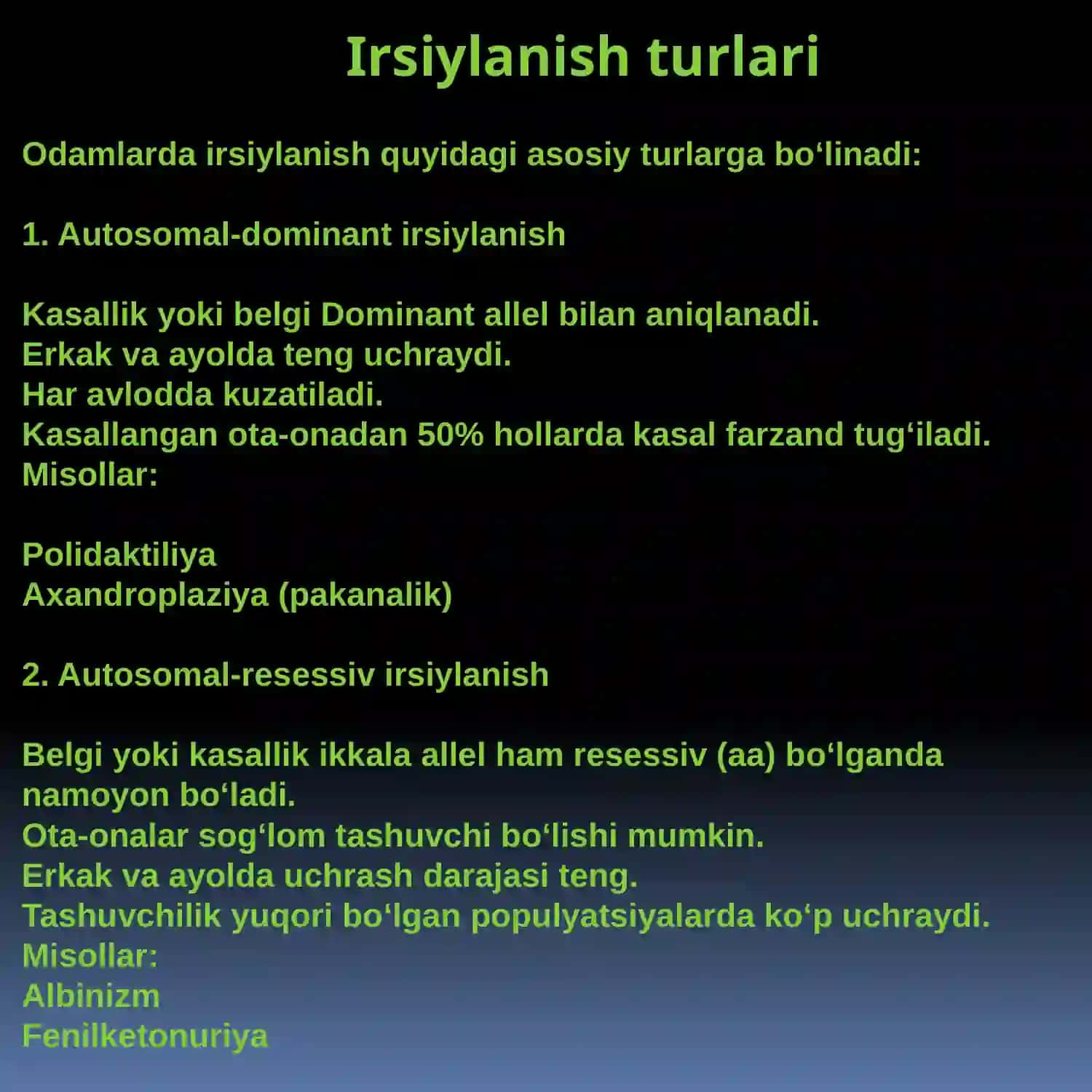 Odam genetikasi va uning o‘ziga xos tomonlari. Genealogik usul. Irsiylanish xillari. Odamlarda yaxshi o‘rganilgan dominant va resessiv belgilar 4