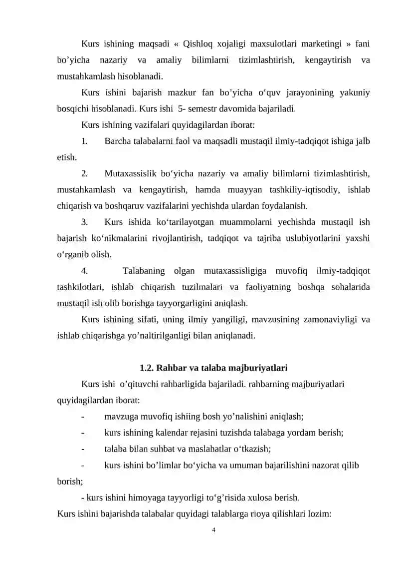 Qishloq xo`jaligi maxsulotlari marketingi fanidan kurs ishini tayyorlash boʻyicha uslubiy ko`rsatma 4