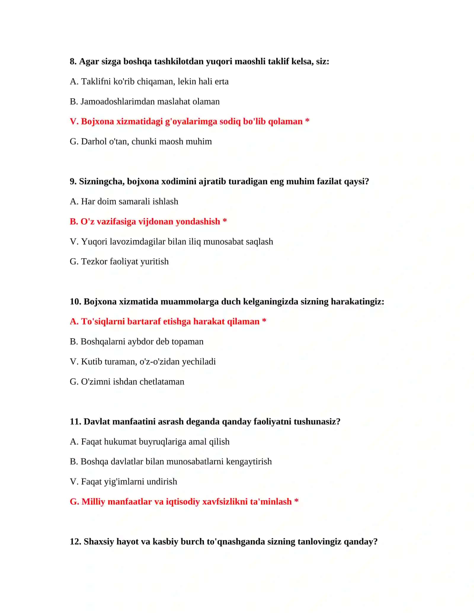 Bojxona testlari javoblari 200 ta 4