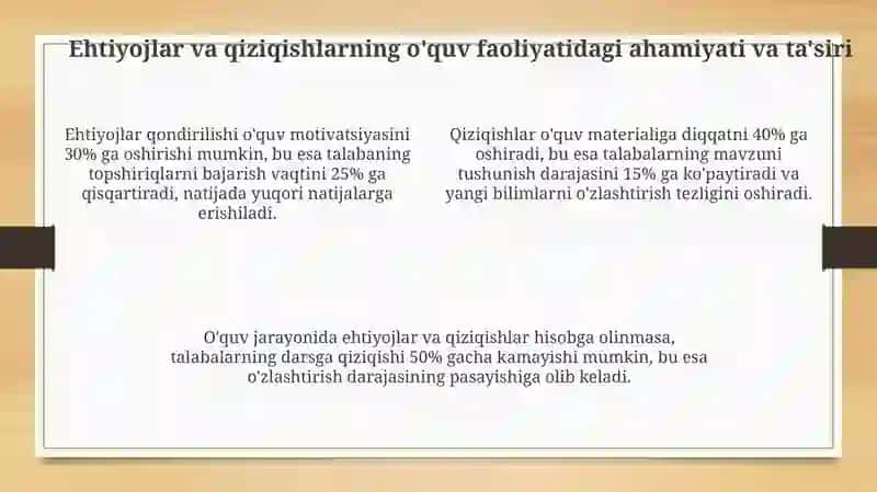 Talabaning ta’lim faoliyatida ehtiyojlar va qiziqishlar - faollikning manbai sifatida 4