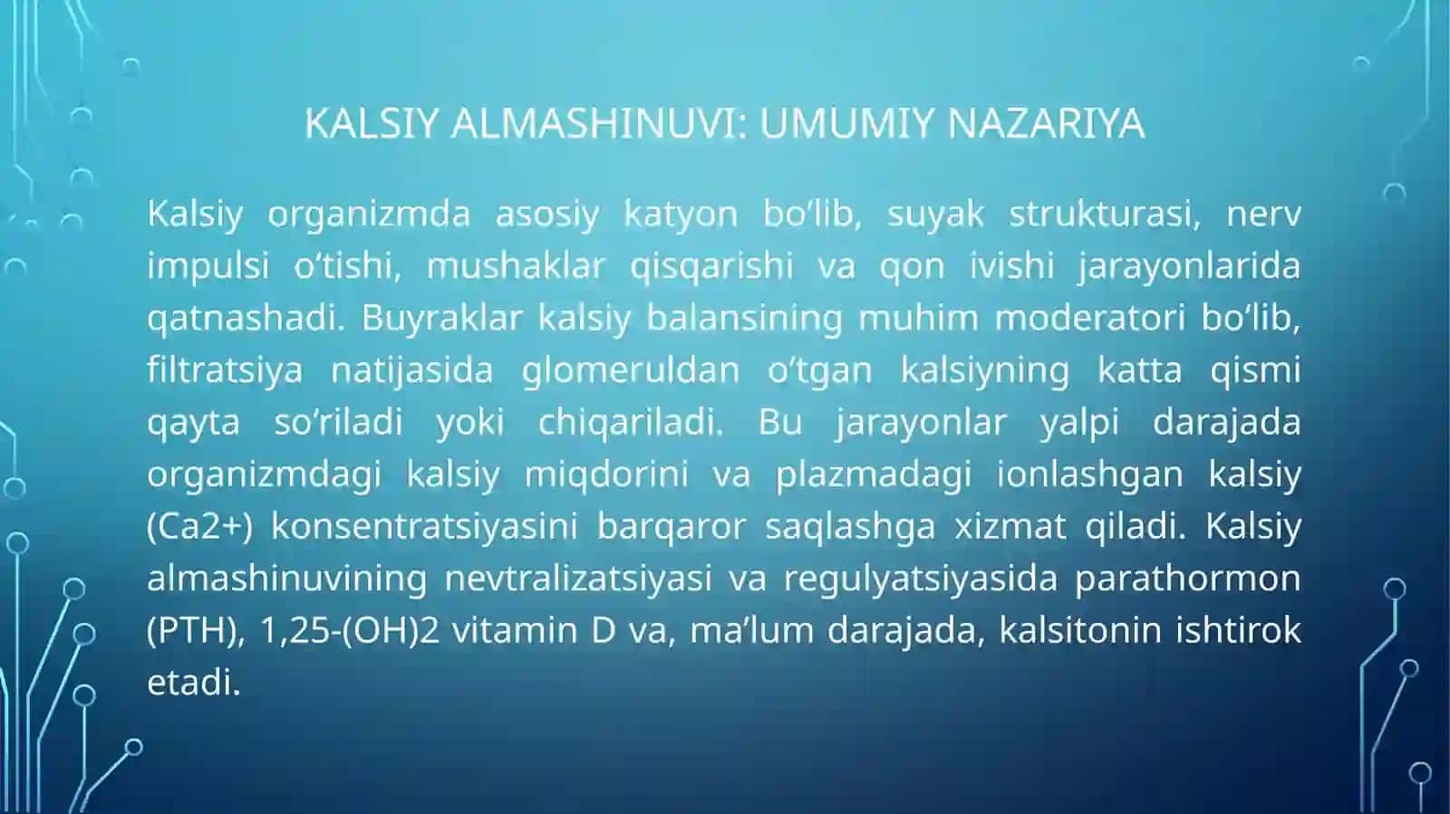 Buyraklarningkalsiy,fosforvabikarbonatalmashinuvidagiahamiyati.Buyraknienergiyabilanta'minlashningasosiyyo'llari.Kreatinfosfokinazaningizoshakllarivaularnianiqlashningklinikahamiyati 4