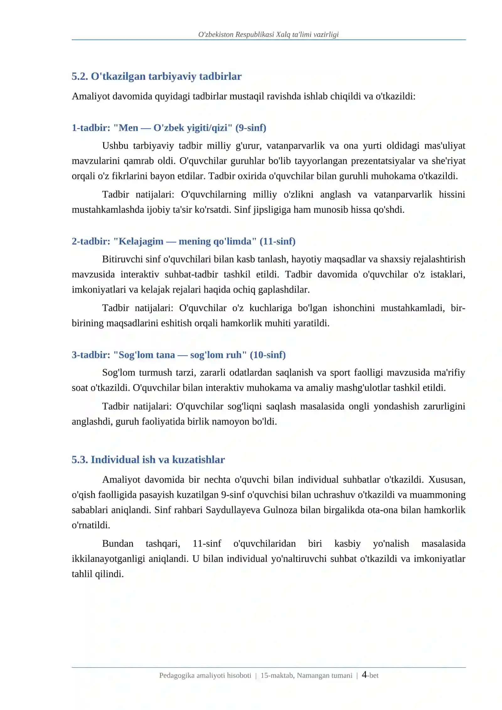 PEDAGOGIKA (TARBIYA) BO'YICHA ISHLAB CHIQARISH AMALIYOTI HISOBOTI 4
