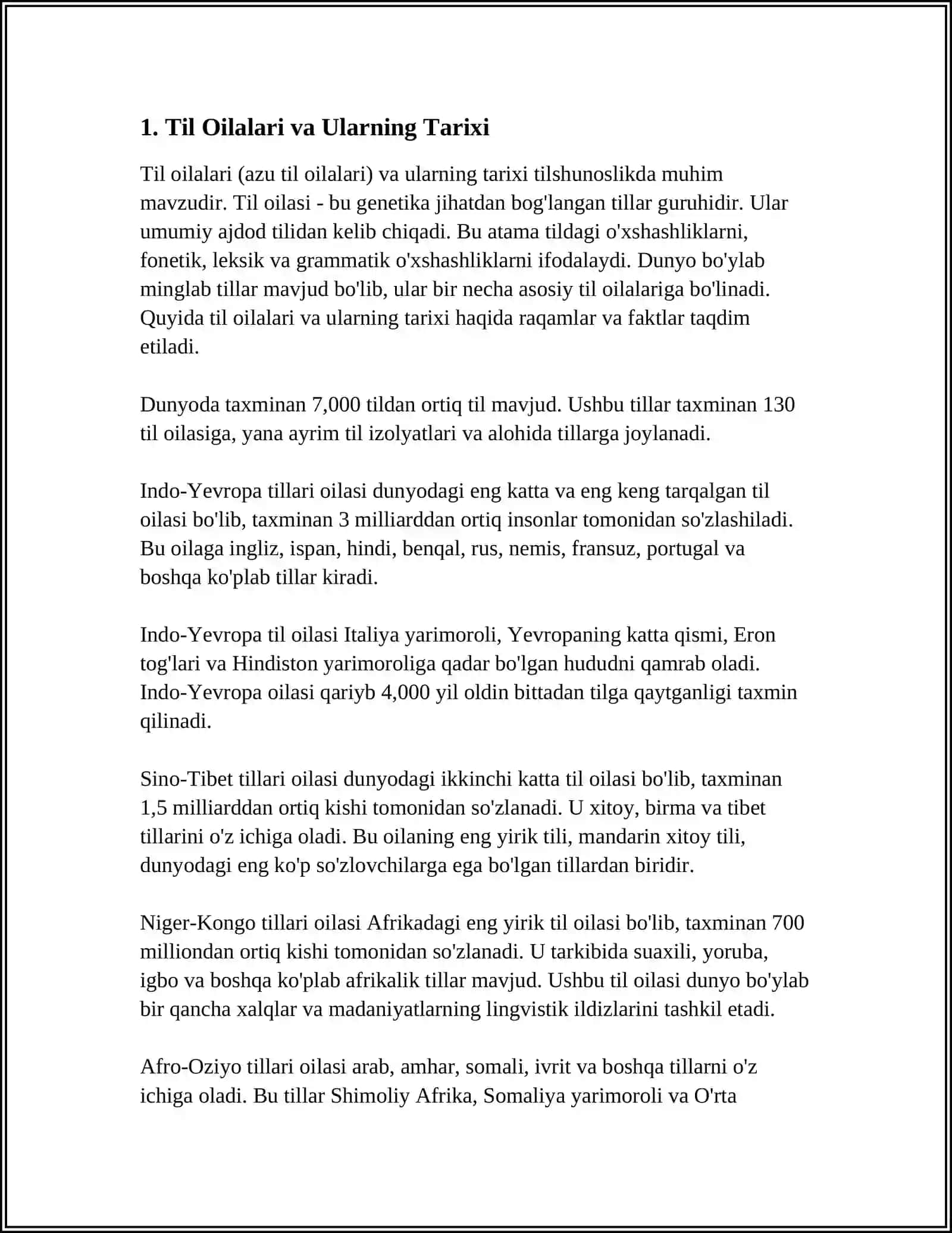 ZAMONAVIY TIL OILALARI. TIL ALOQALARI, TILLARNING HUDUDIY BOʻLINISHI 4