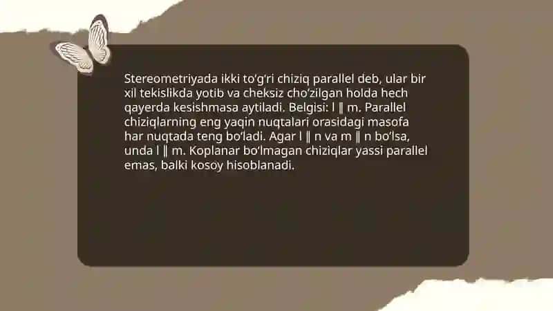 Stereometriyada oʻzaro perpendikulyar va parallel toʻgʻri chiziqlar 4