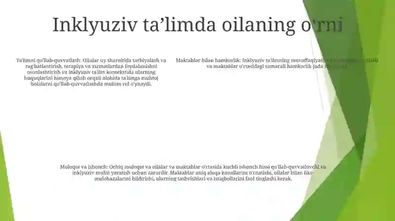 Alohida Yordamga Muhtoj Bolani Umumta’Lim Maktabi Yoki Maktabgacha Tashkilotda Inklyuziv Ta’Lim Sharoitida O'Qishga Moslashishida Oila VaMaktabningO'Rni 4