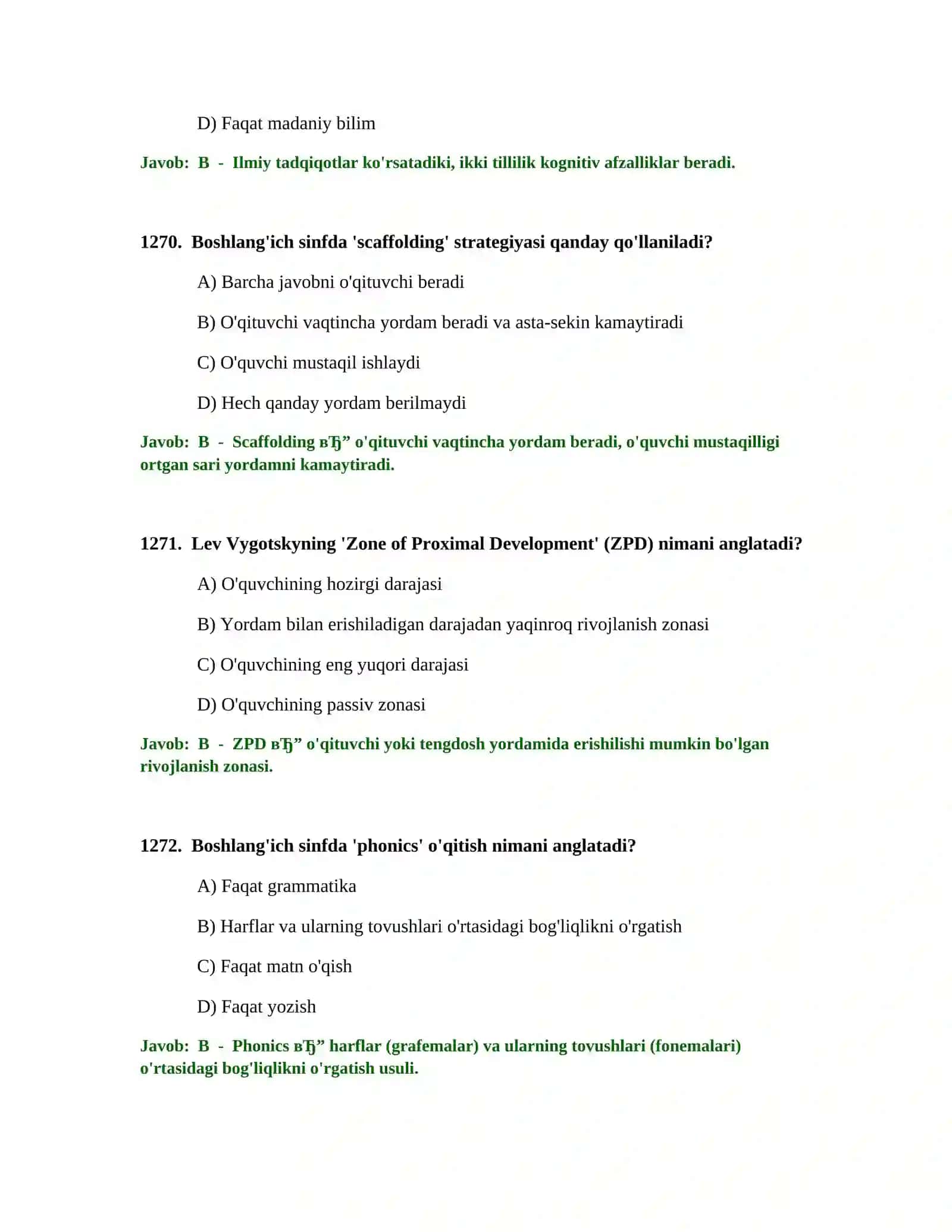 BOSHLANG'ICH TA'LIM O'QITUVCHISI TEST SINOVLARI 4
