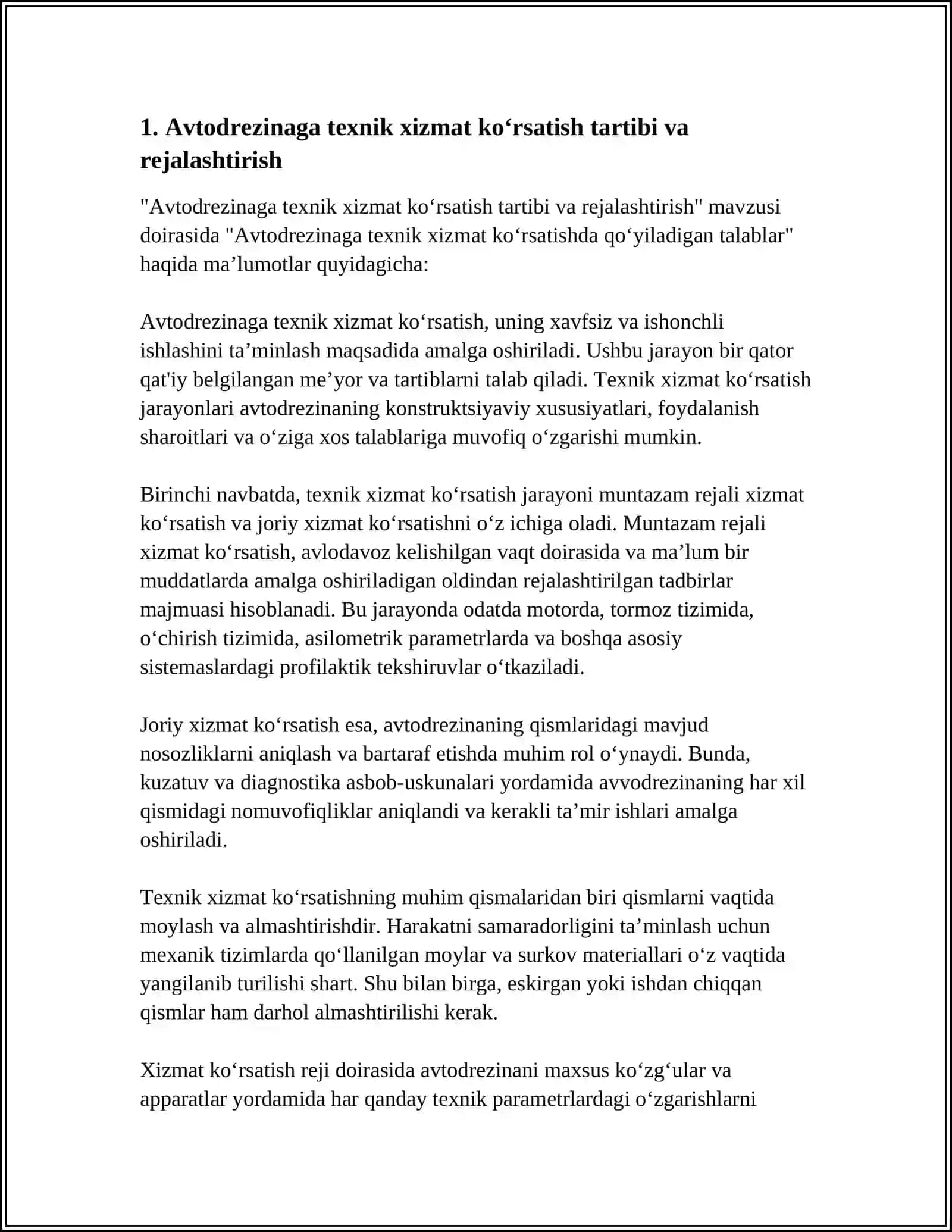 AVTODREZINAGA TEXNIK XIZMAT KORSATISHDA QOYILADIGAN TALABLAR 4