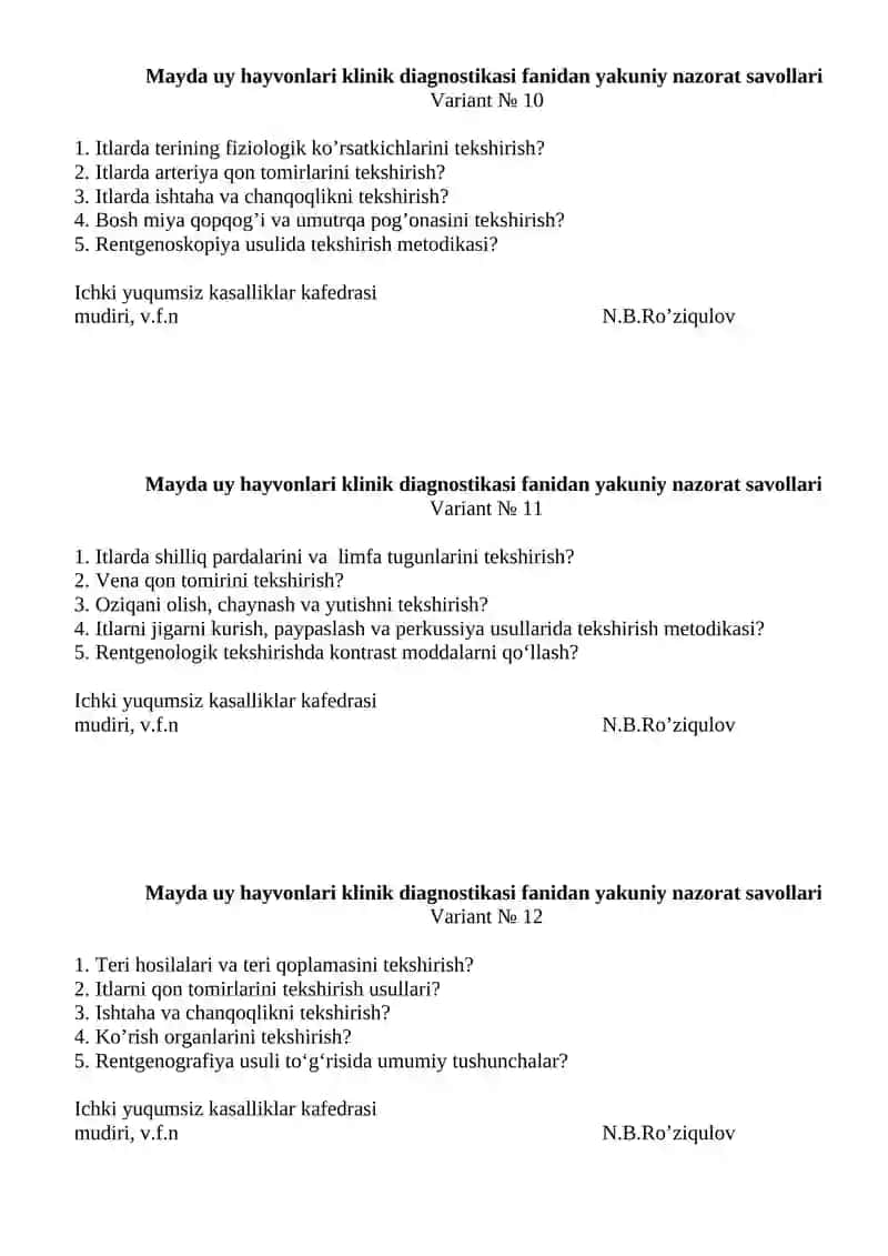 Mayda uy hayvonlari klinik diagnostikasi fanidan yakuniy nazorat savollari - Variant № 1 4